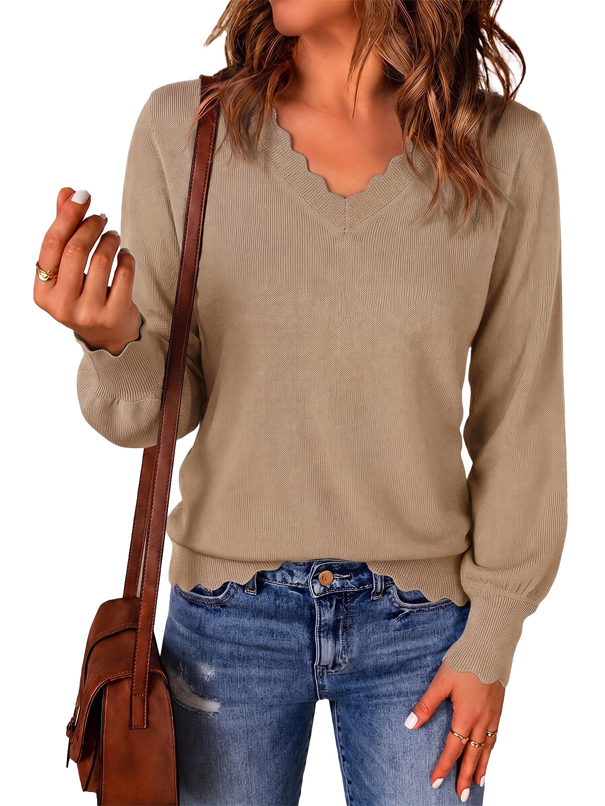 Womens Khaki V Neck Long Sleeve Sweater | CicyBell