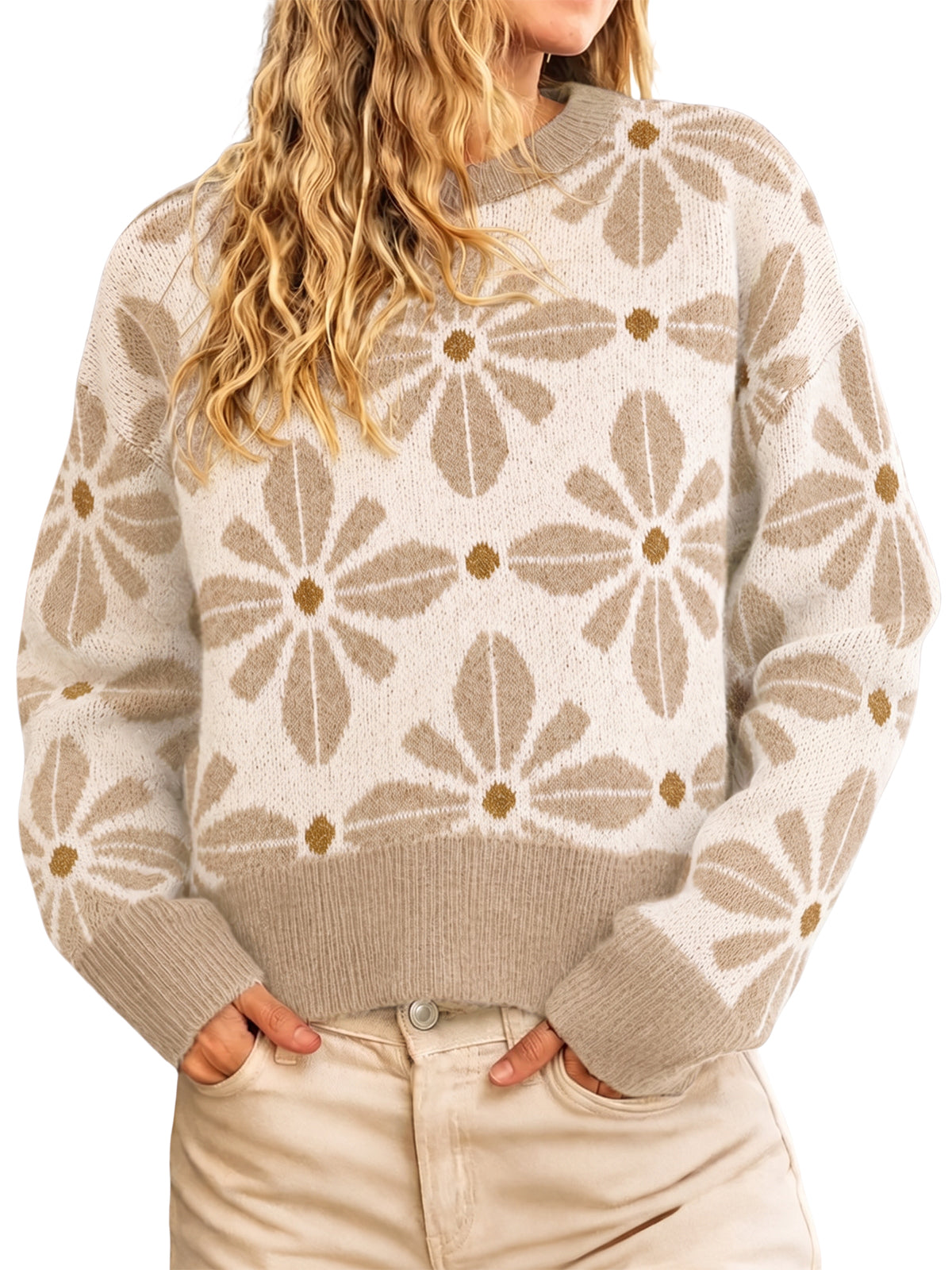 Womens Khaki Long Sleeve Floral Sweater | CicyBell