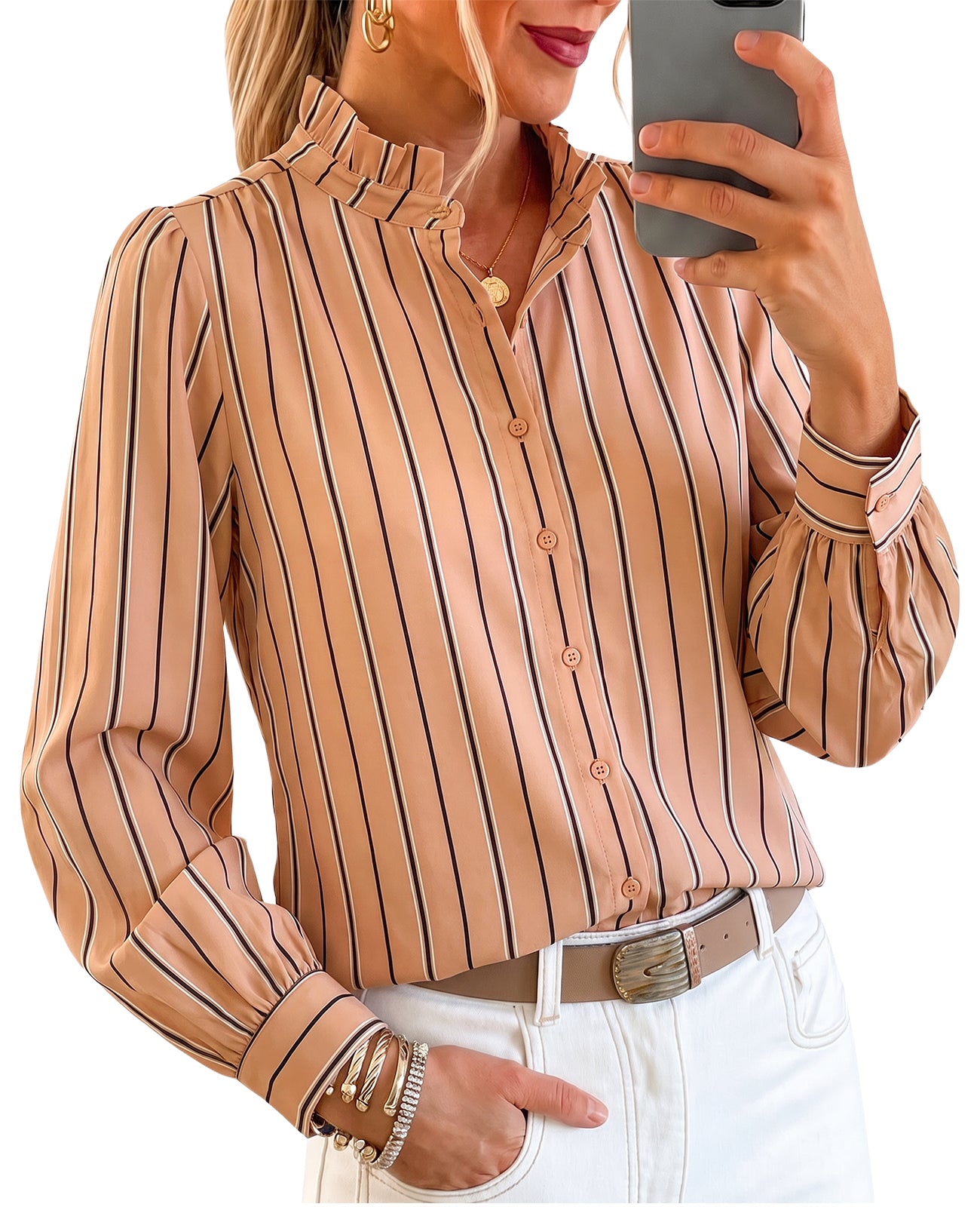Womens Khaki Striped Button Down Shirts | CicyBell