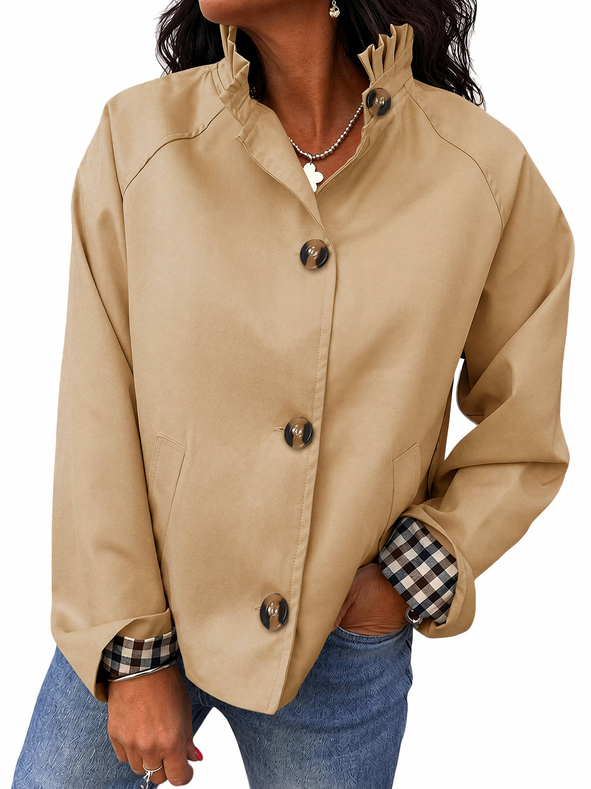 Womens Light Khaki Ruffle Short Trench Coat | CicyBell