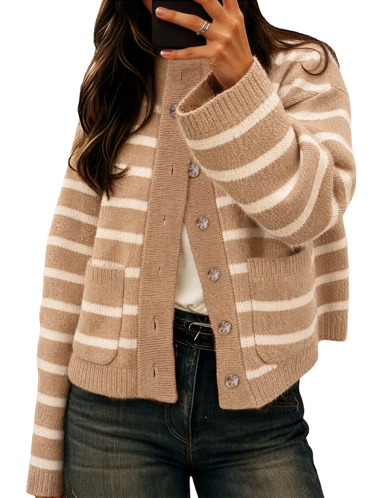 Womens Khaki Striped Fall Cardigan | CicyBell