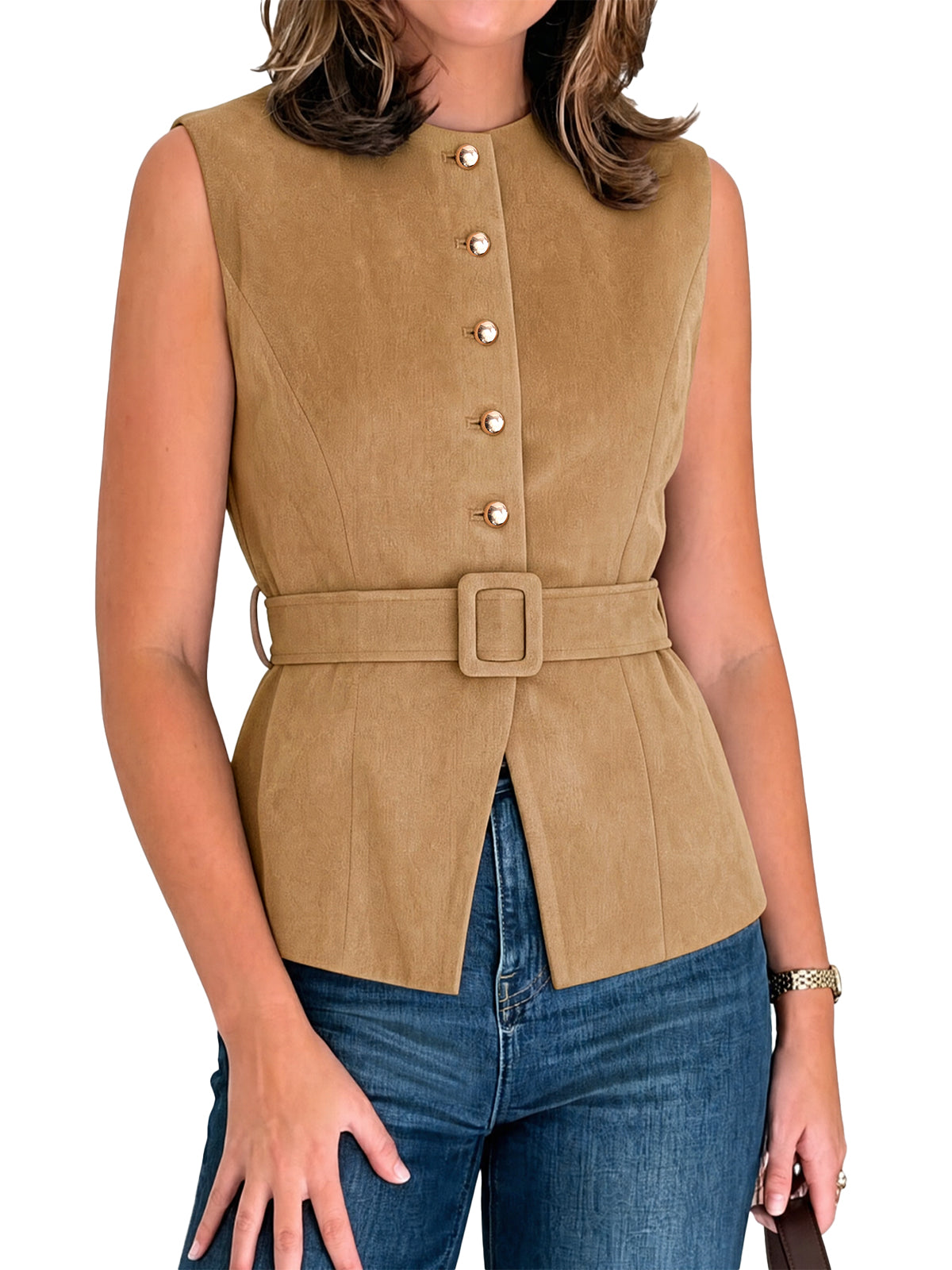 Womens Khaki Suede Button Down Belted Vest | CicyBell