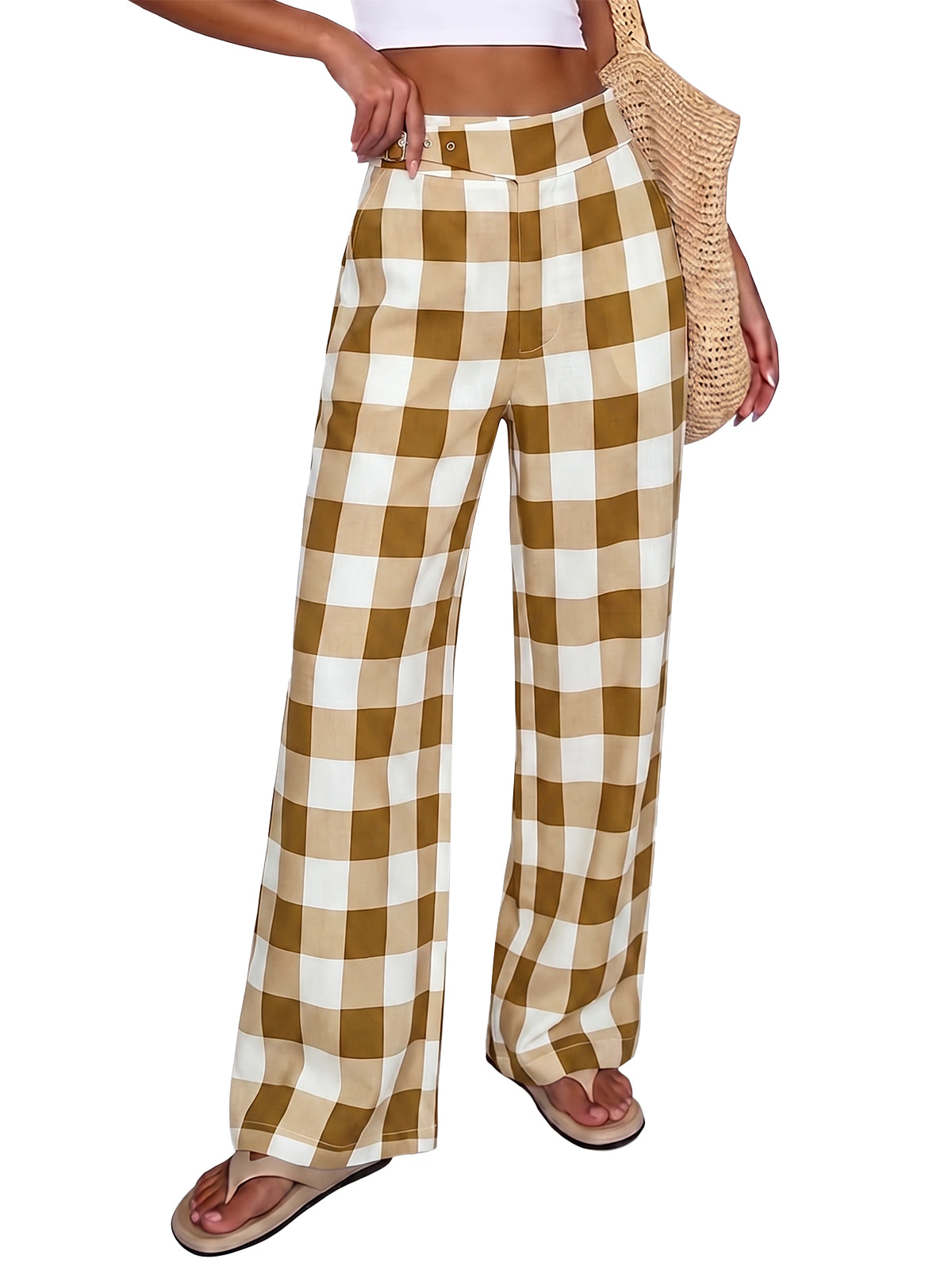 Womens Khaki Plaid Wide Leg Pants | CicyBell