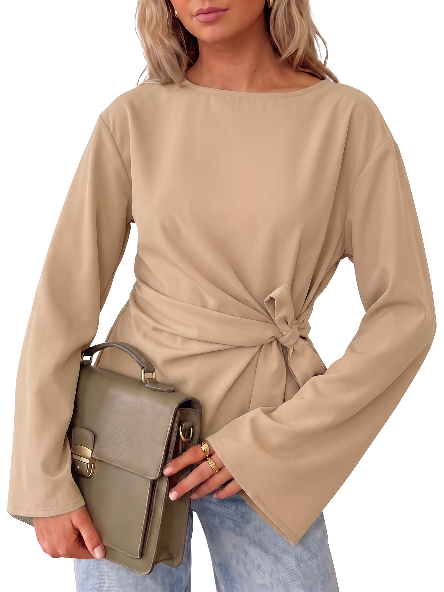 Womens Khaki Cinched Waist Wrap Tops | CicyBell