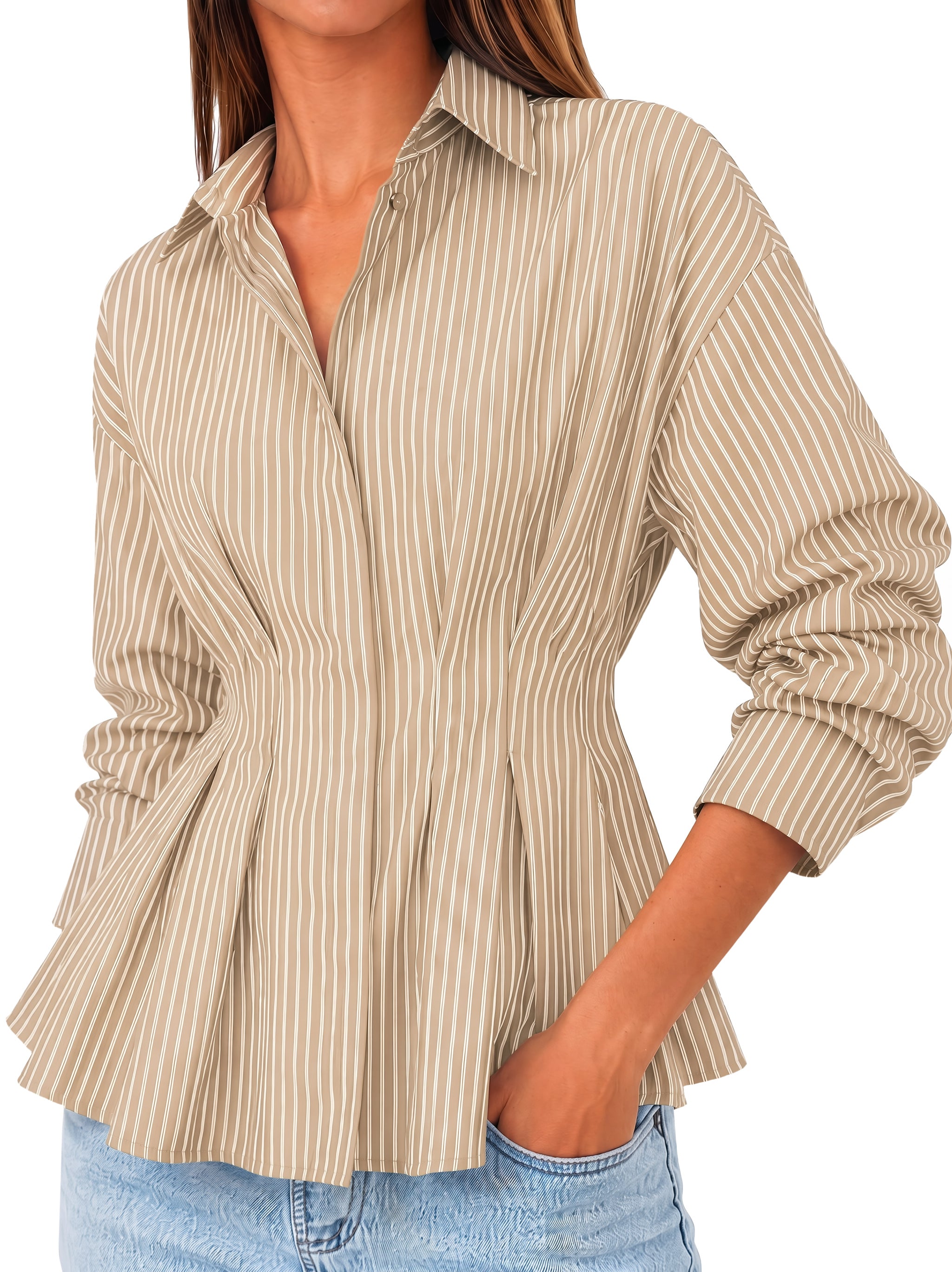 Women Khaki Striped Button Down Shirts | CicyBell