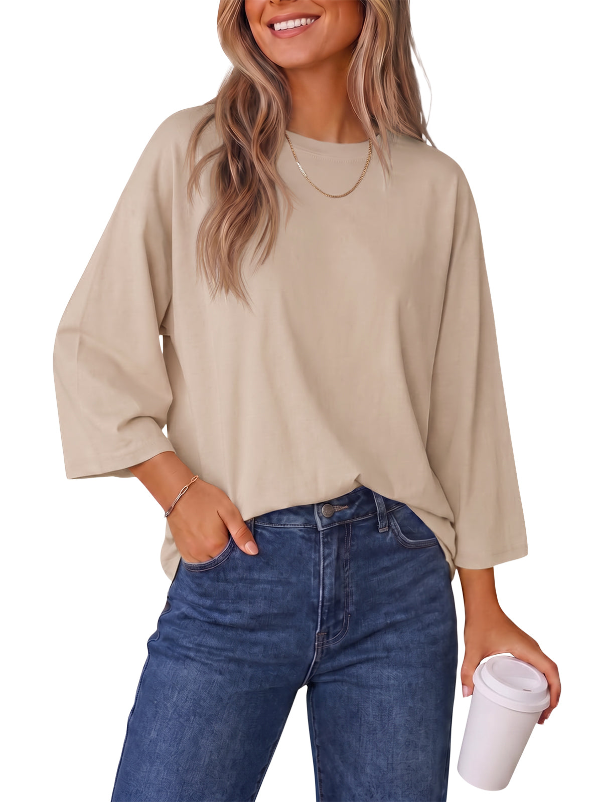 Womens Khaki 3/4 Sleeve T Shirts | CicyBell