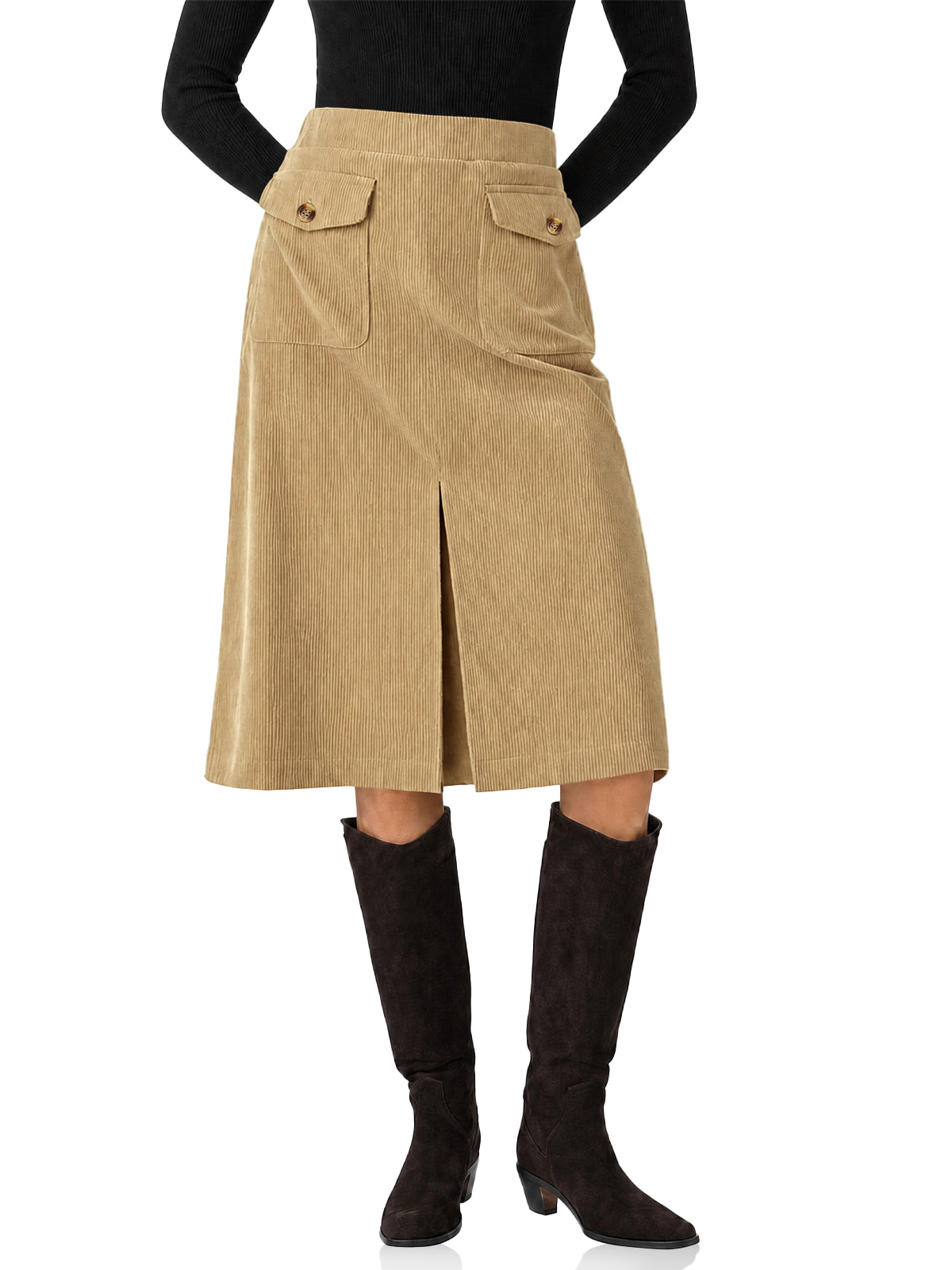 Womens Khaki Corduroy Midi Skirt | CicyBell