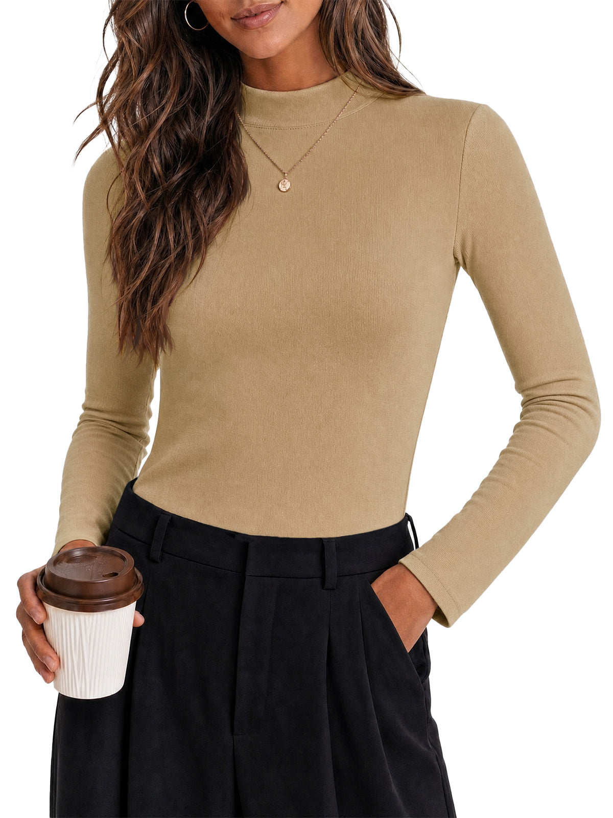 Womens Khaki Mock Turtleneck Tops | CicyBell