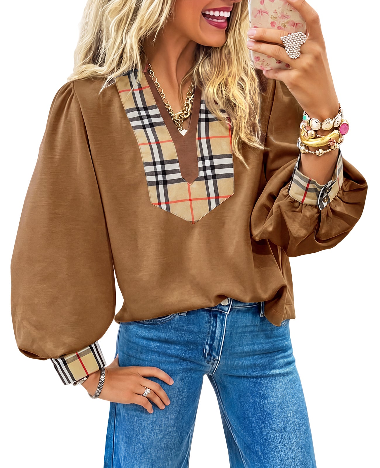 Womens Khaki Puff Long Sleeve Blouse | CicyBell