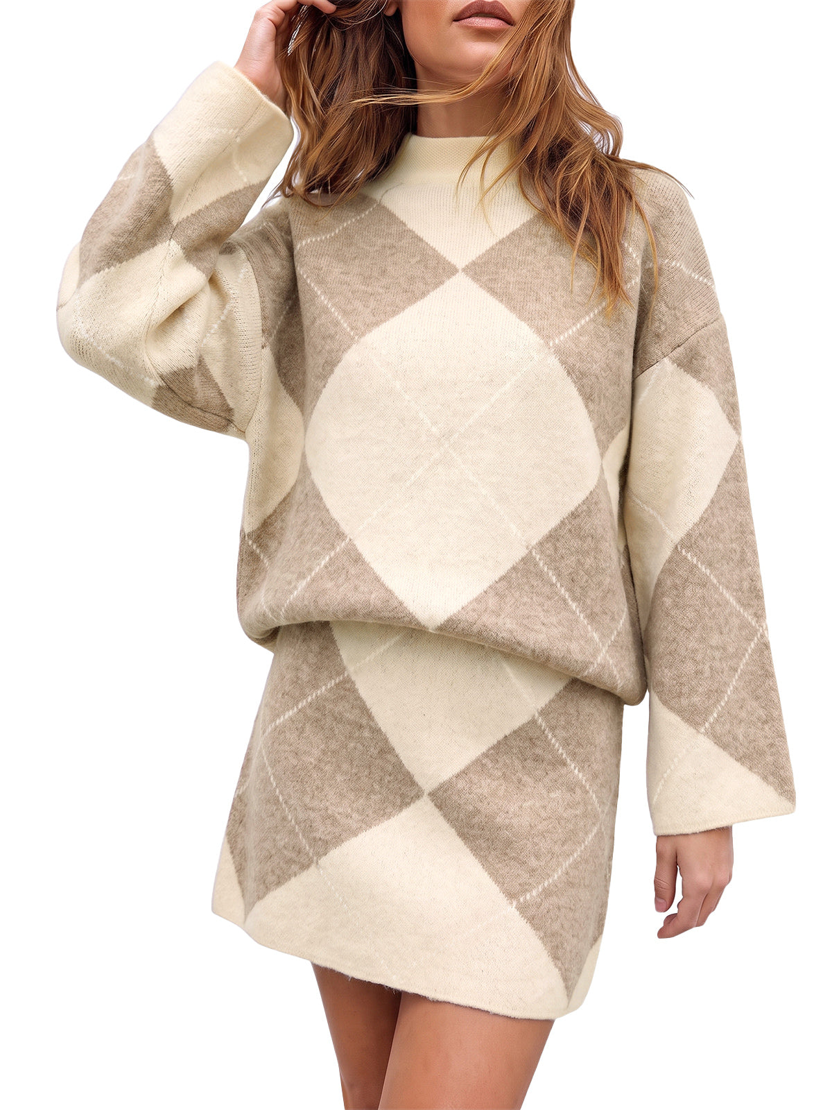 Womens Khaki Argyle Sweater Mini Skirt Sets| CicyBell