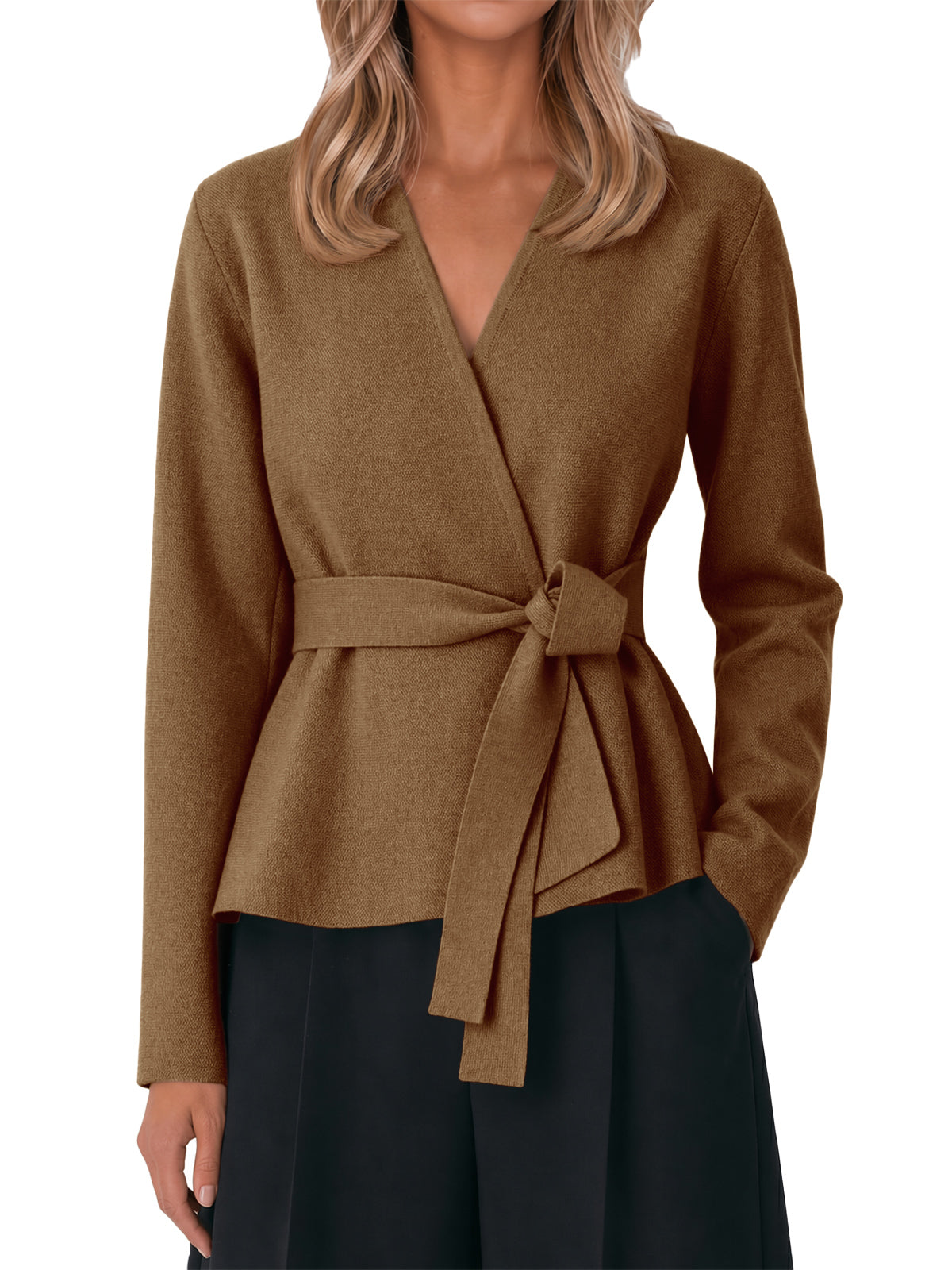 Womens Coffee Belted Cardigan Sweater | CicyBell