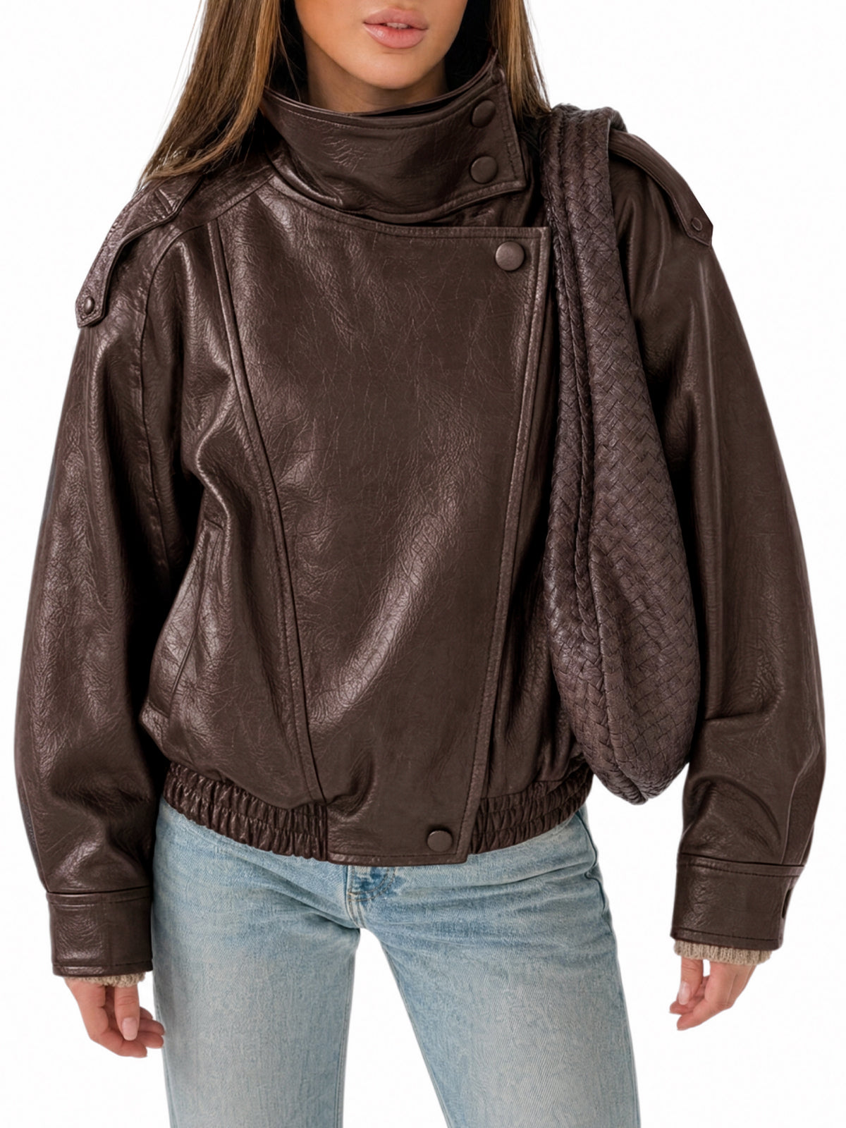 Womens Coffee Faux Leather Jackets | CicyBell