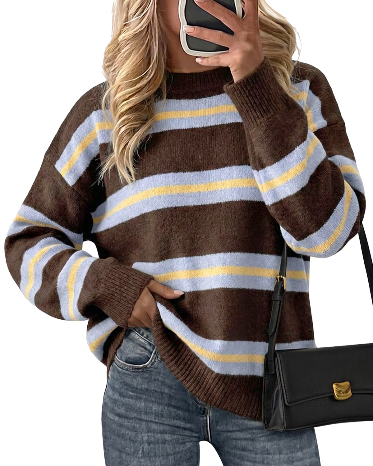 Womens Light Brown Striped Pullover Sweater | CicyBell