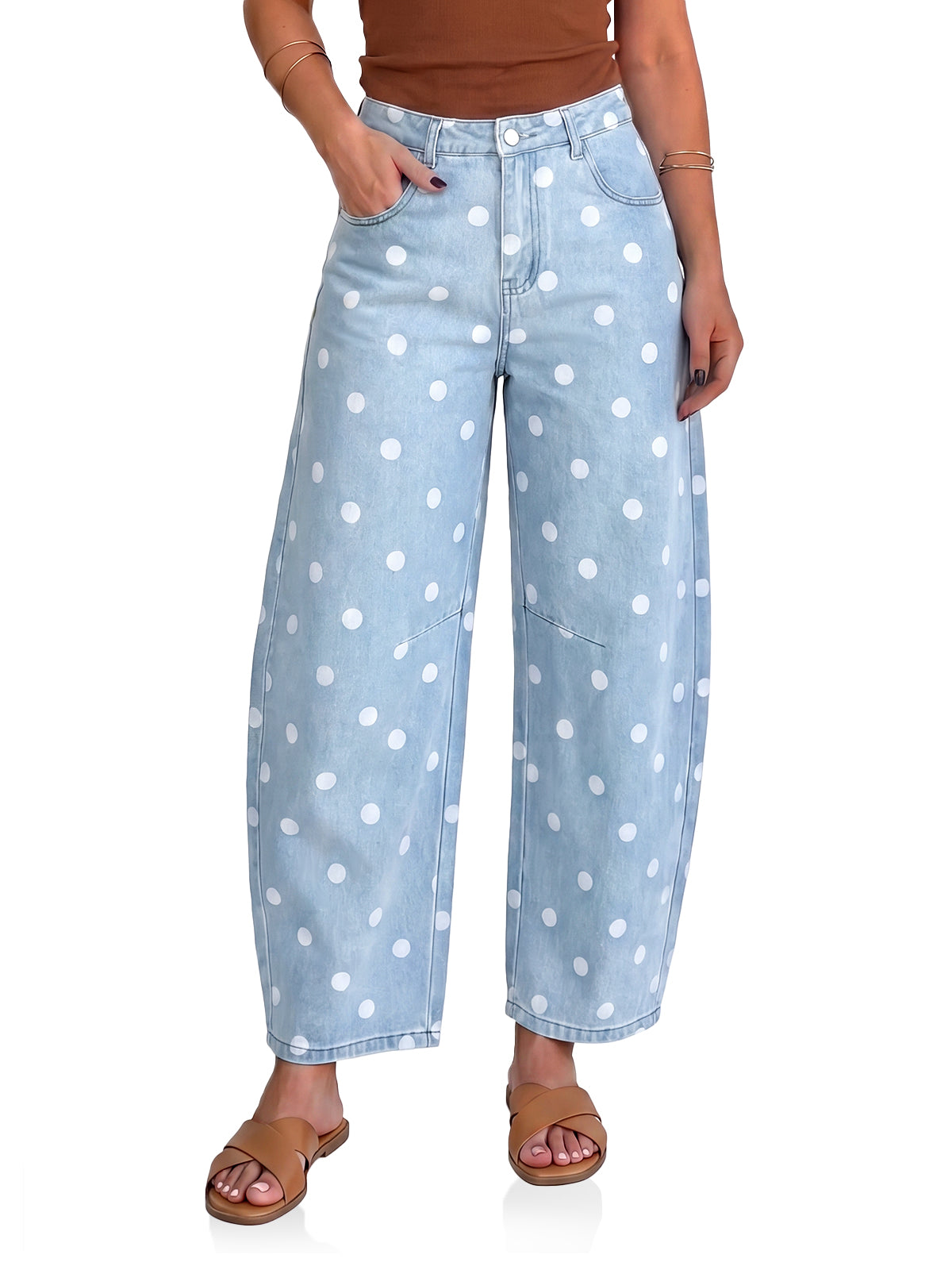 Womens Light Blue Polka Dot Barrel Jeans| CicyBell