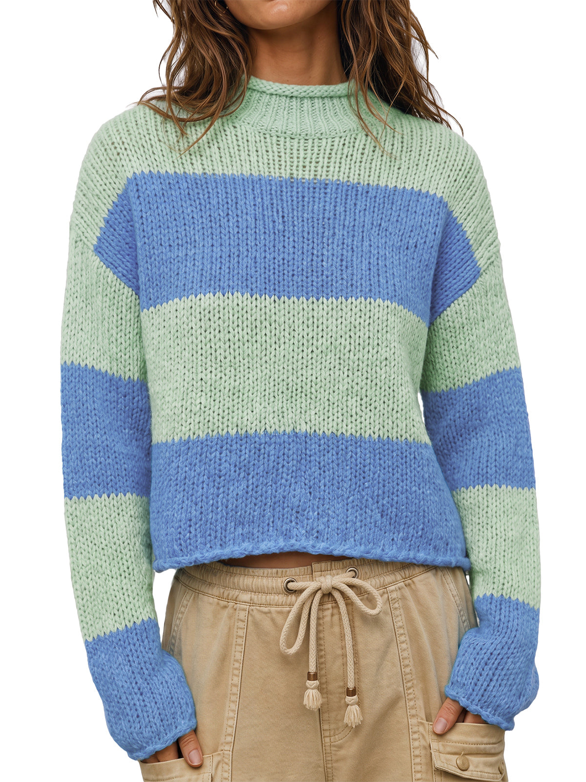 Womens Striped Blue Green Mock Neck Sweater|CicyBell