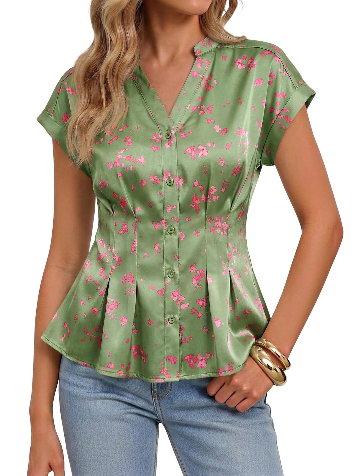 Womens Green Floral Satin Blouse | CicyBell