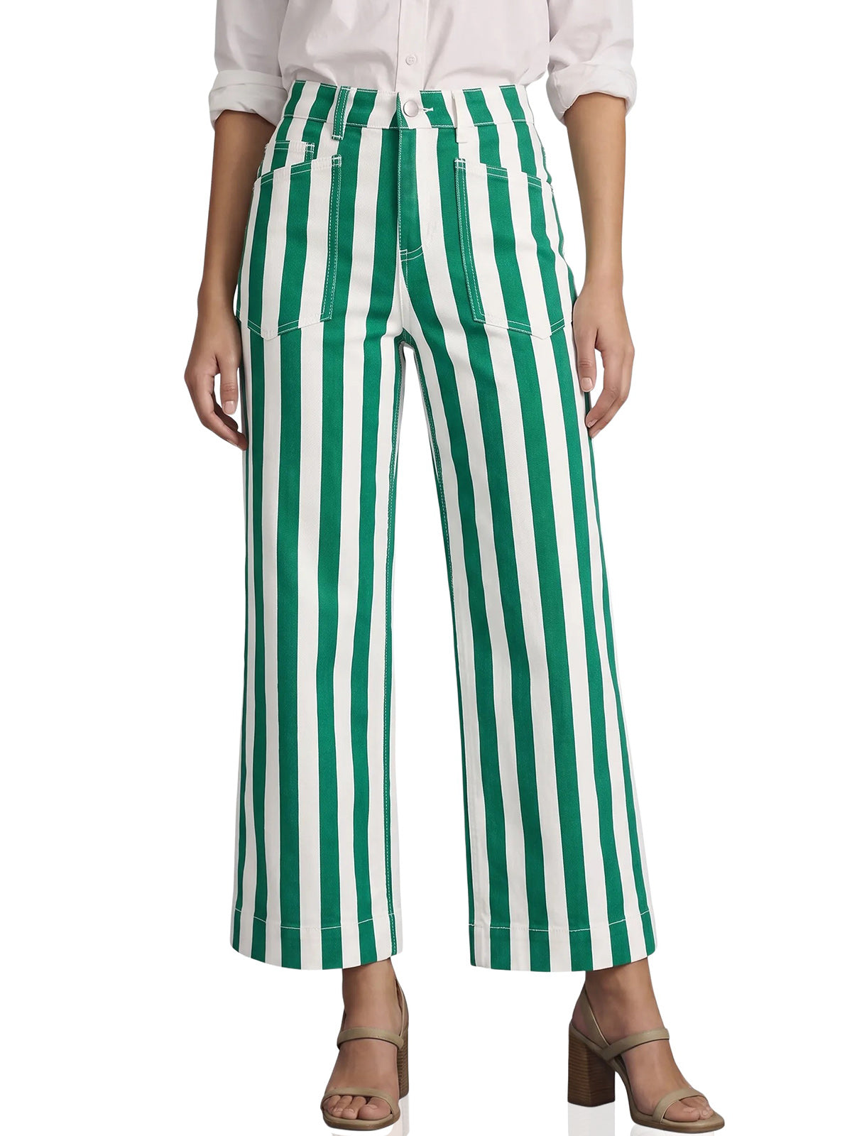 Womens White&Green Cropped Wide Leg Jeans | CicyBell