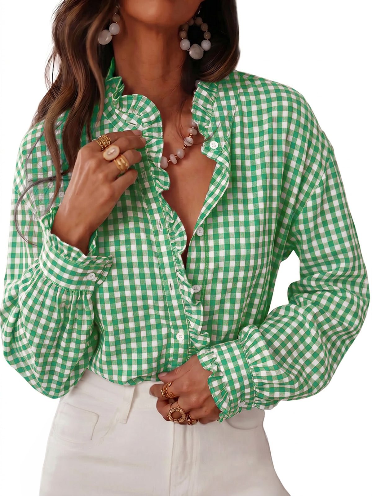 Womens Green Plaid Ruffle V-Neck Shirts | CicyBell