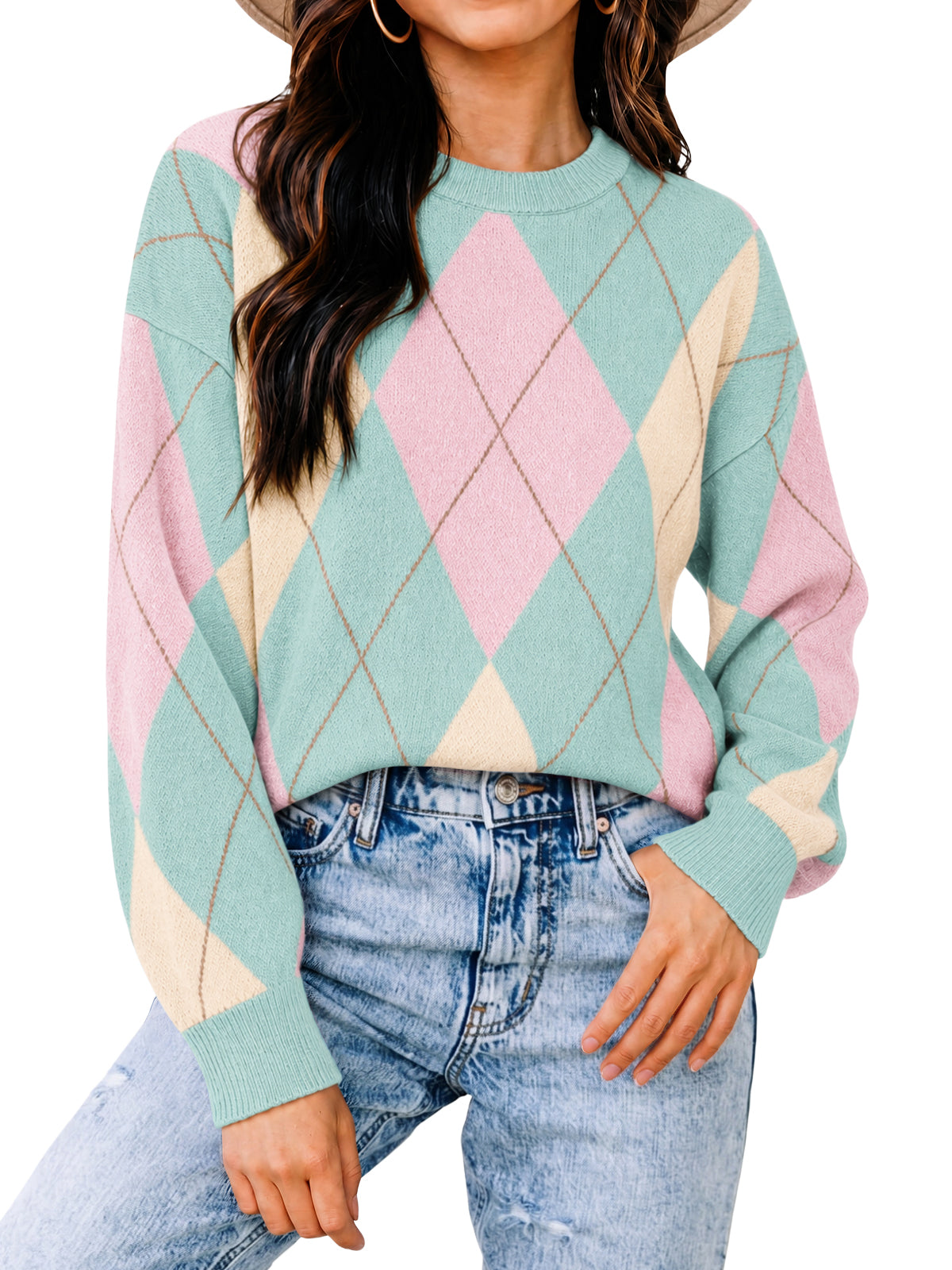 Womens Green Crew Neck Argyle Sweater | CicyBell