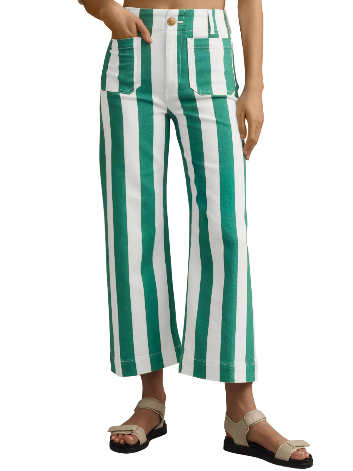 Womens Green Striped Wide Leg Jeans | CicyBell