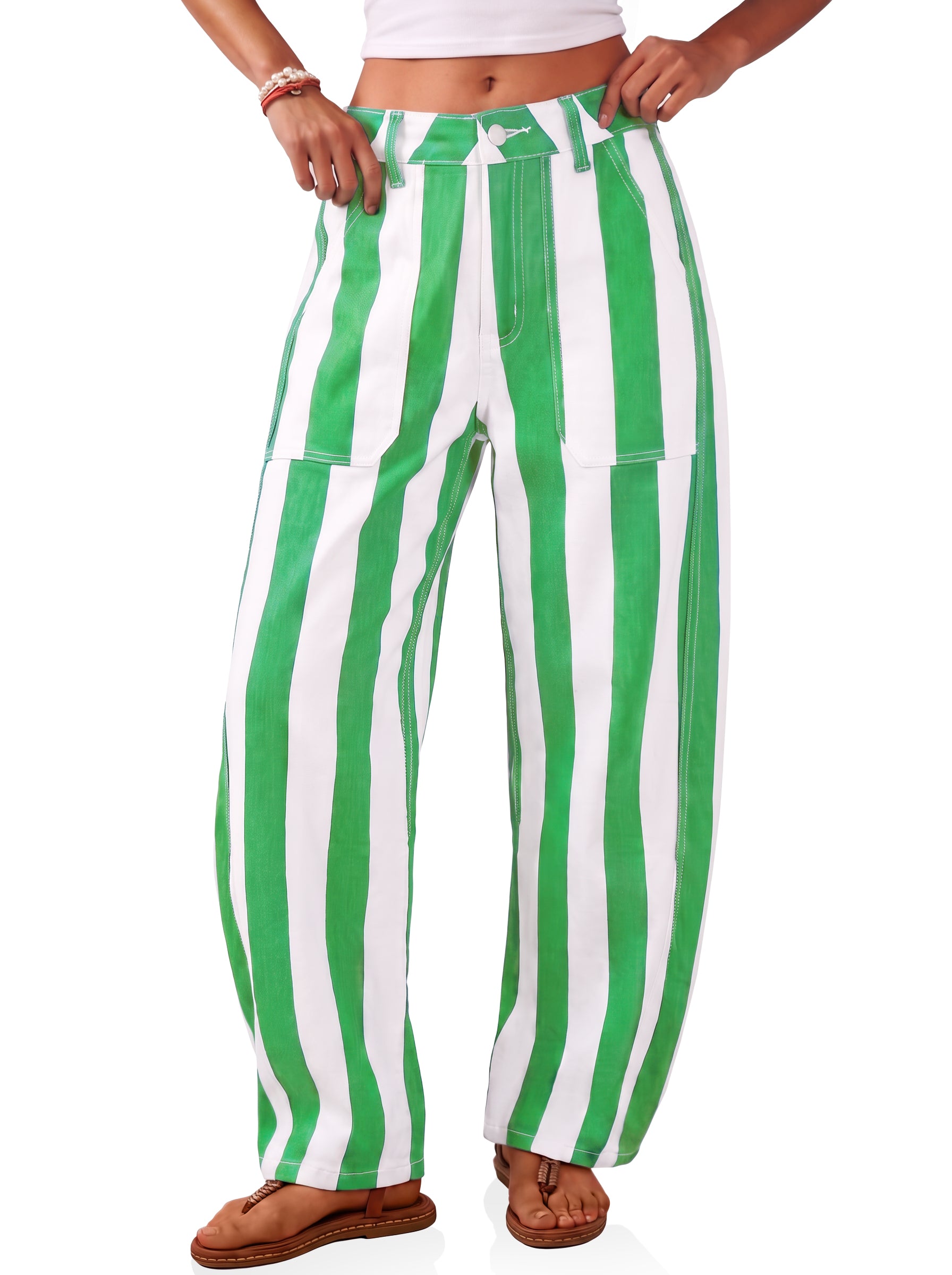 Womens Green Striped Barrel Jeans | CicyBell