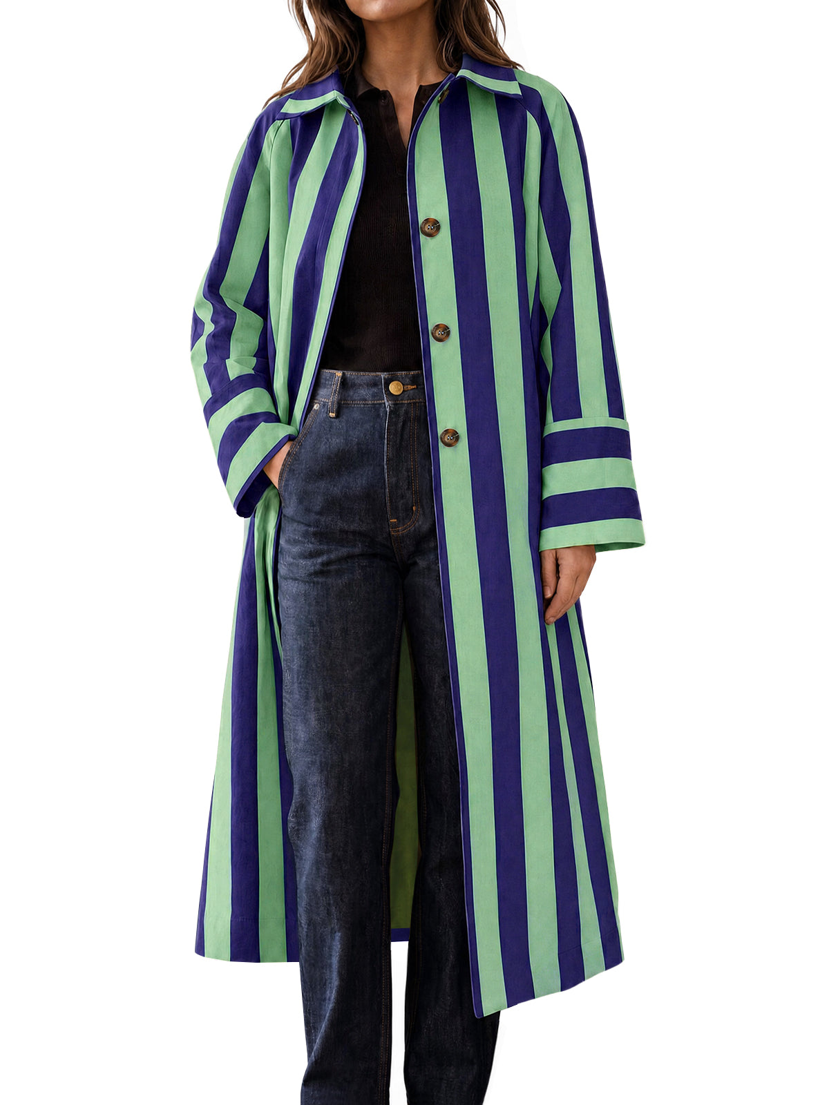 Womens Green Striped Long Trench Coats | CicyBell