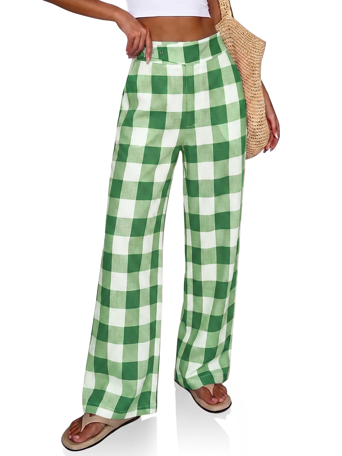 Womens Green Plaid Wide Leg Pants | CicyBell