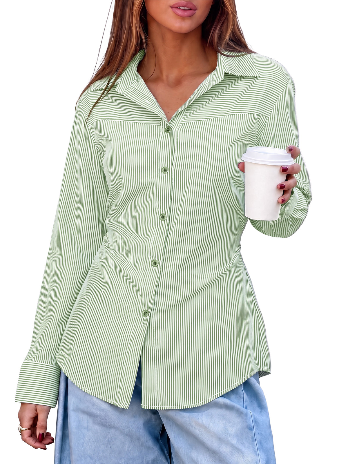 Womens Army Green Striped Button Down Shirt | CicyBell