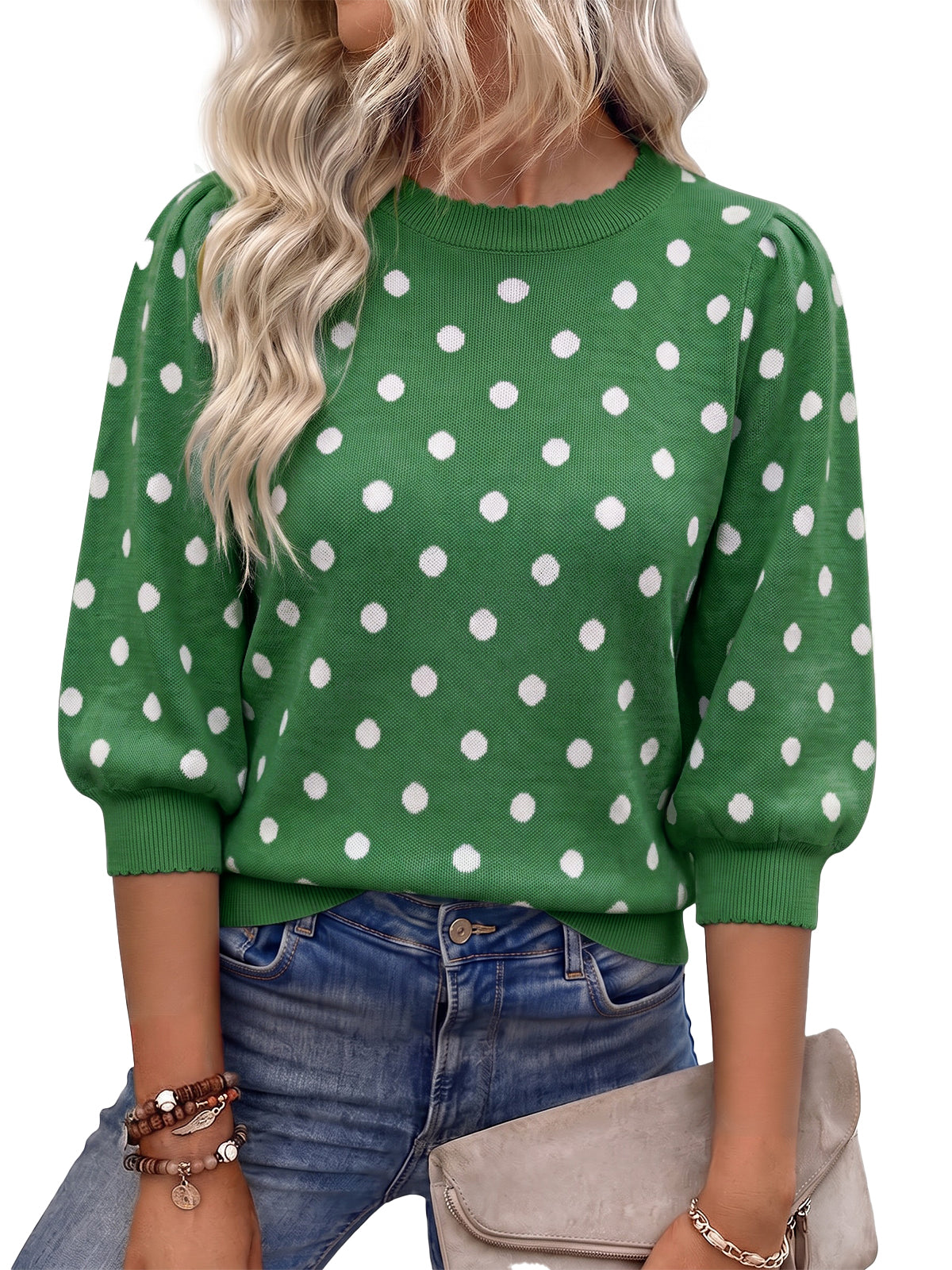 Womens Green 3/4 Puff Sleeve Sweaters | CicyBell