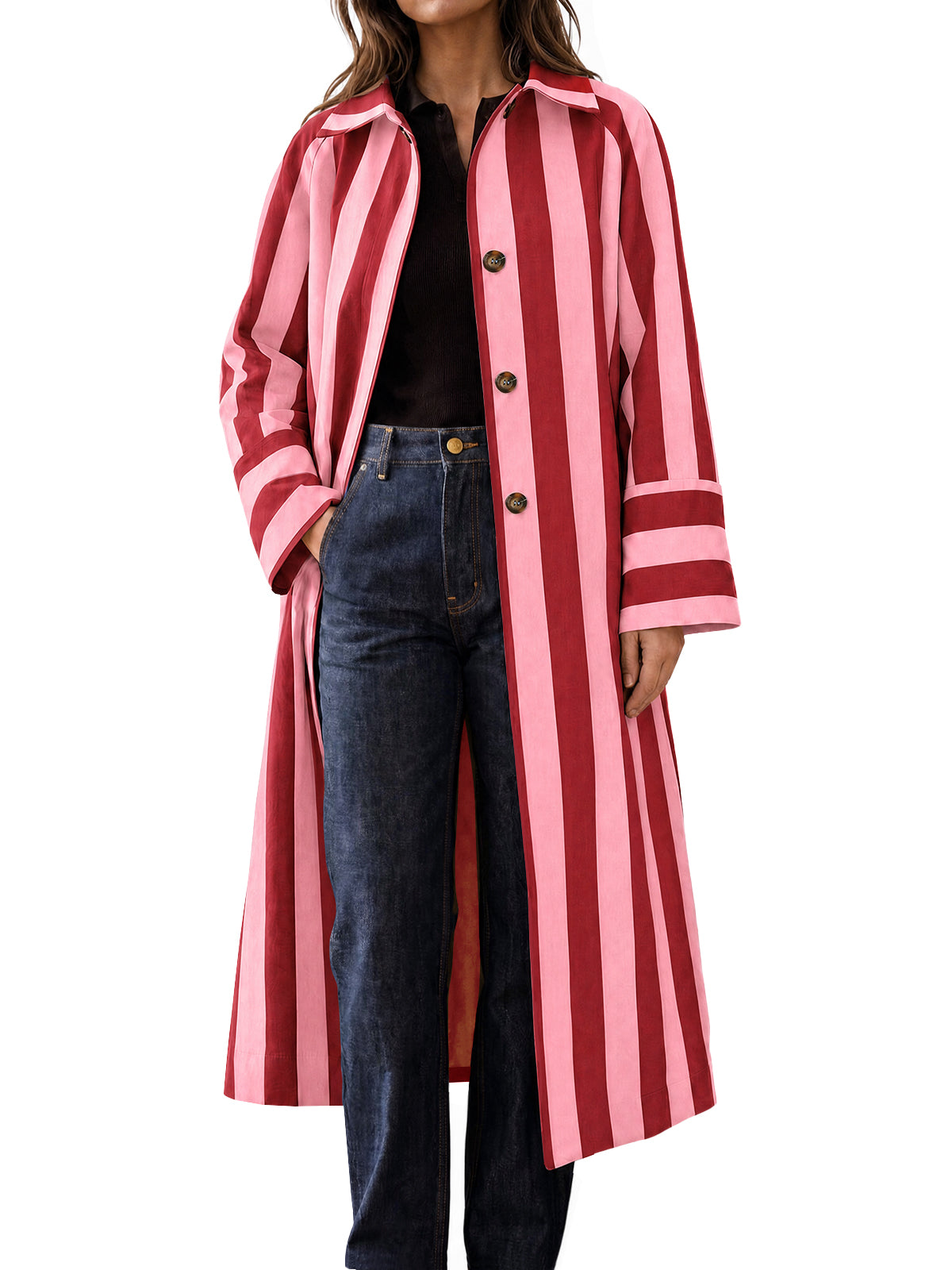 Womens Rose Red Striped Long Trench Coats | CicyBell