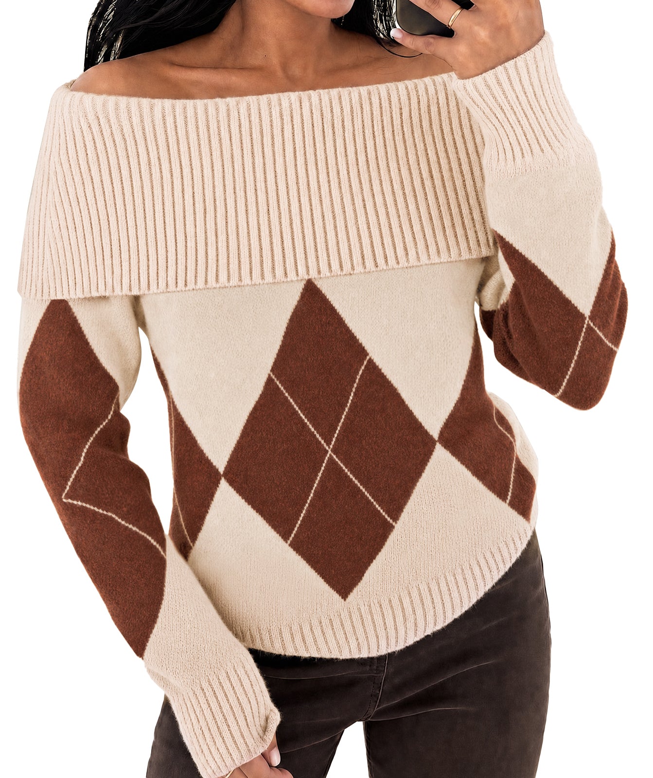Womens Beige Off the Shoulder Argyle Sweater | CicyBell