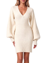 Women Puff Long Sleeve V Neck Knit Pullover Dress | Cicy Bell