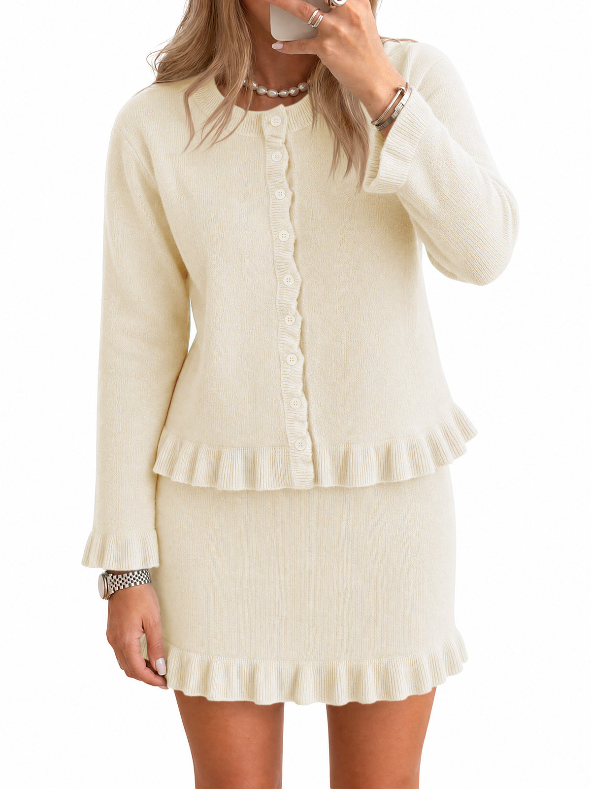 Womens Beige 2 Piece Sweater Skirt Set | CicyBell