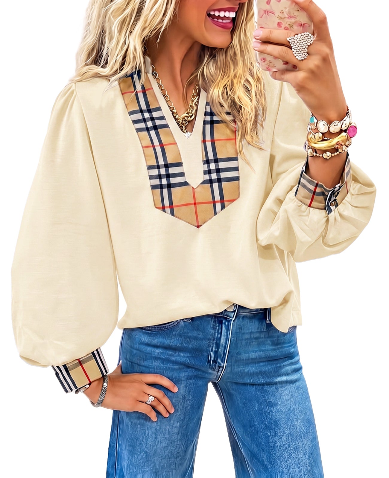 Womens Beige Puff Long Sleeve Blouse | CicyBell