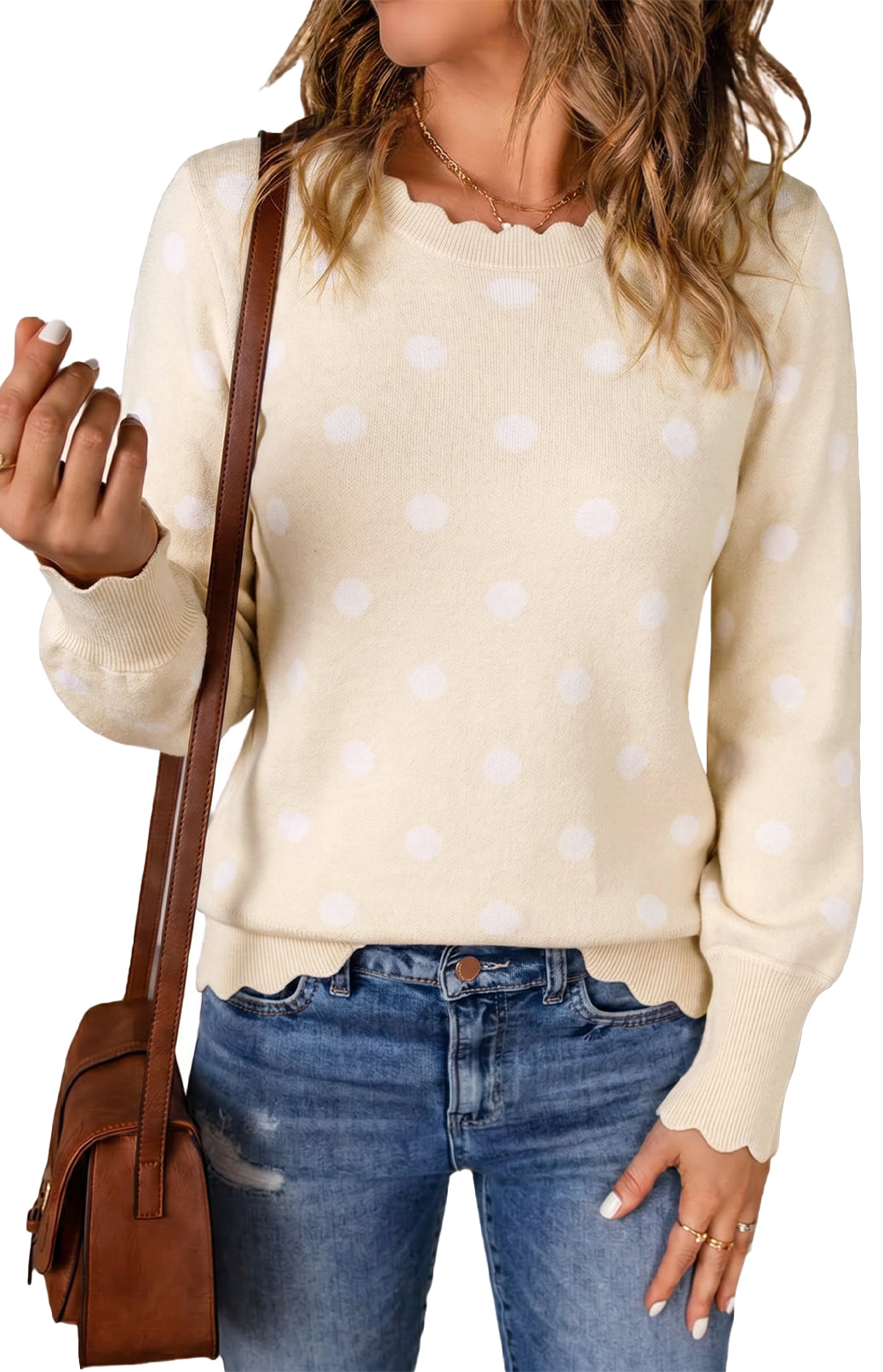 Womens Polka Dot Beige Crew Neck Sweater | CicyBell