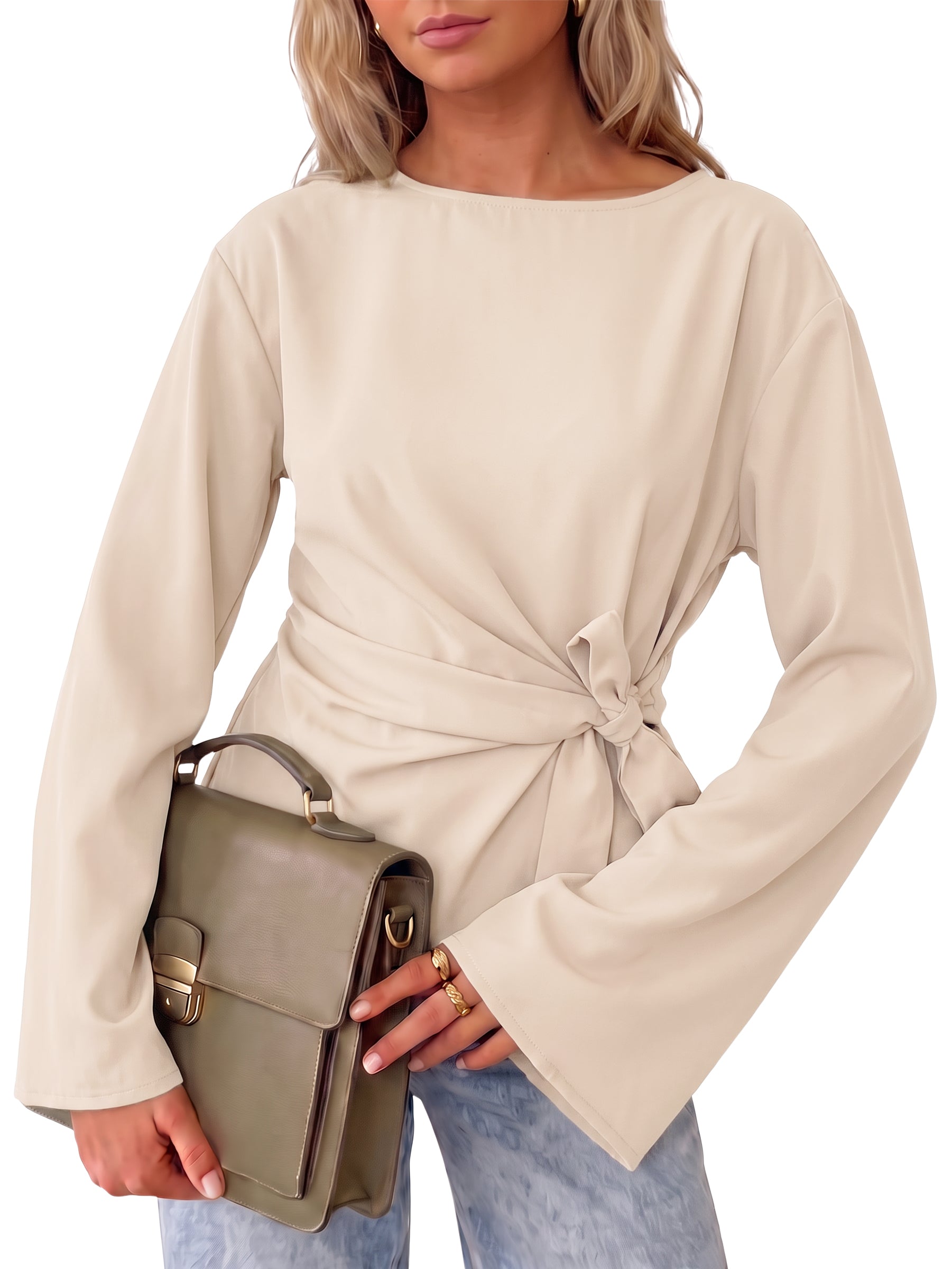 Womens Beige Cinched Waist Wrap Tops | CicyBell