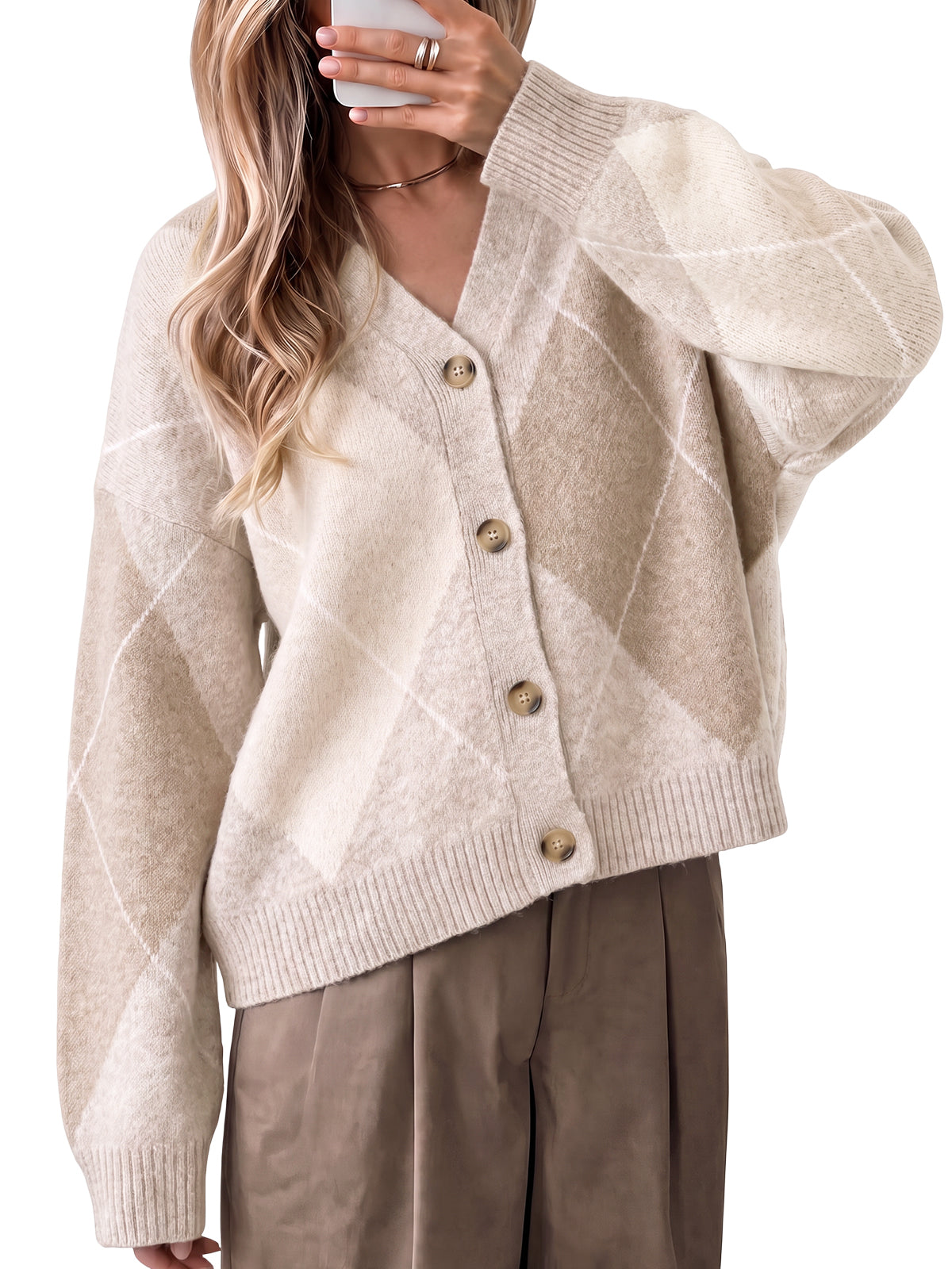 Women Beige Plaid Color Block Cardigan | CicyBell