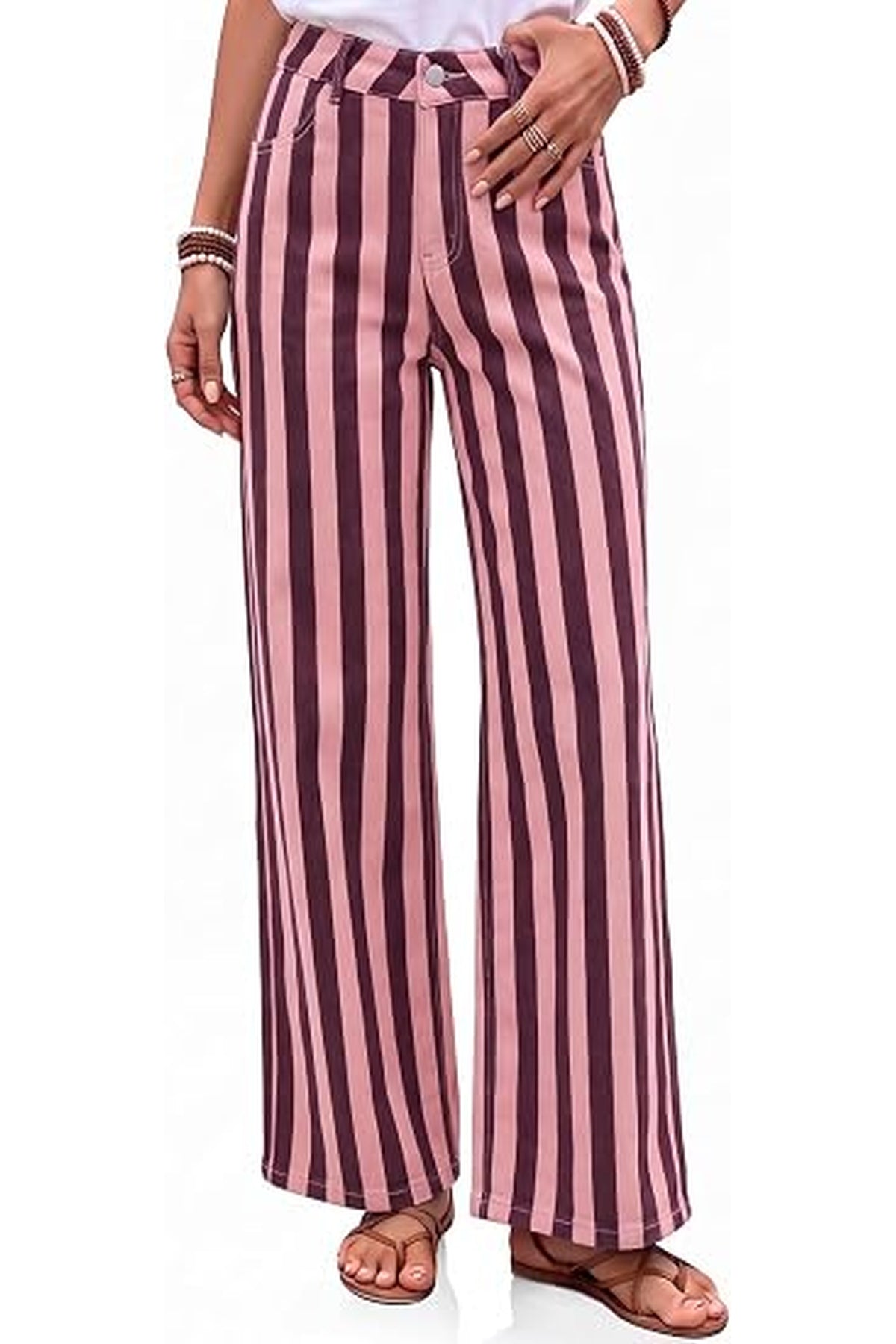 Womens Striped High Waisted Wide Leg Jeans | Cicy Bell