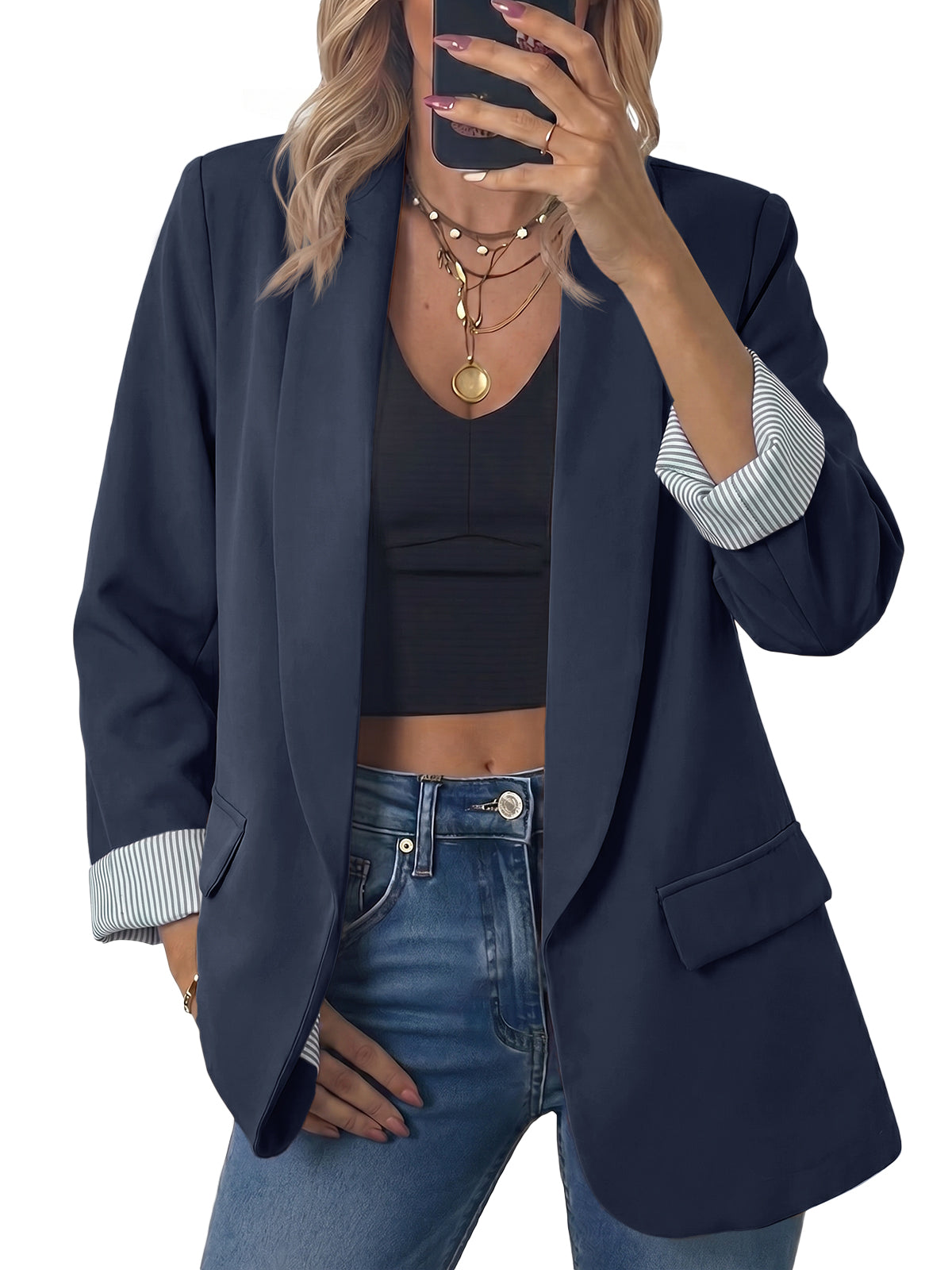 Womens Striped Navy Business Casual Blazer | CicyBell