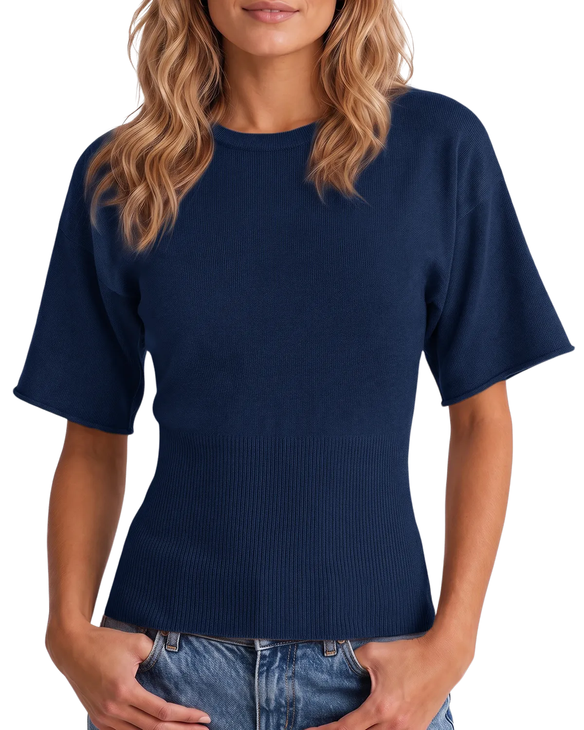 Womens Navy Cinched Waist Crop Sweater | CicyBell