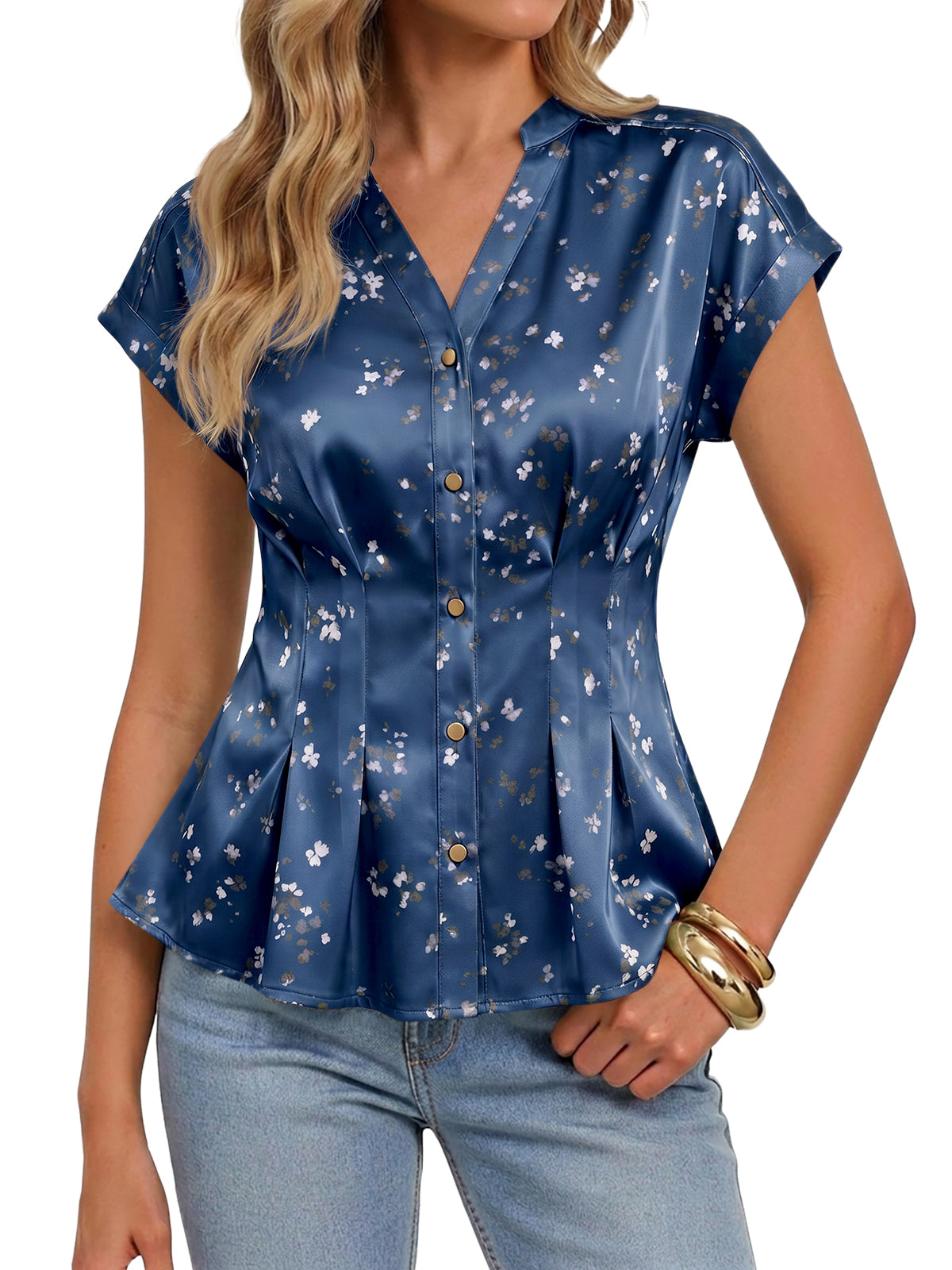 Womens Navy Floral Satin Blouse | CicyBell