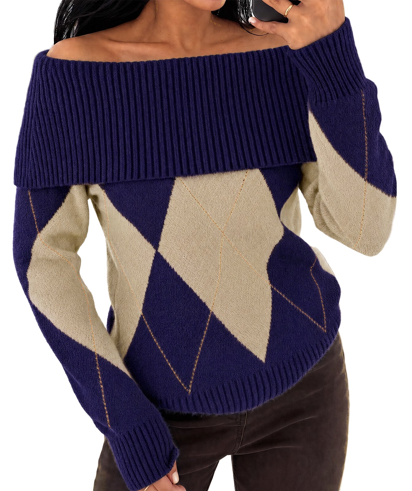 Womens Navy Off the Shoulder Argyle Sweater | CicyBell