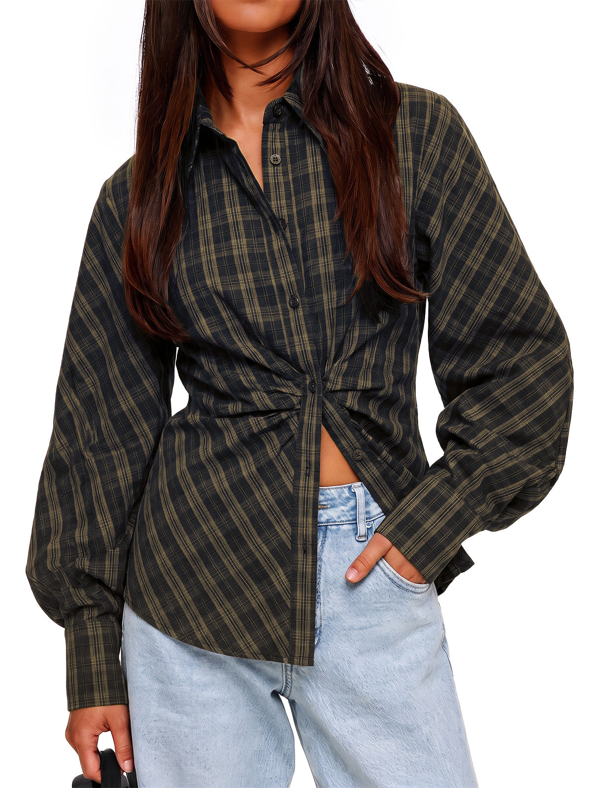 Womens Black Ruched Button Down Shirts | CicyBell
