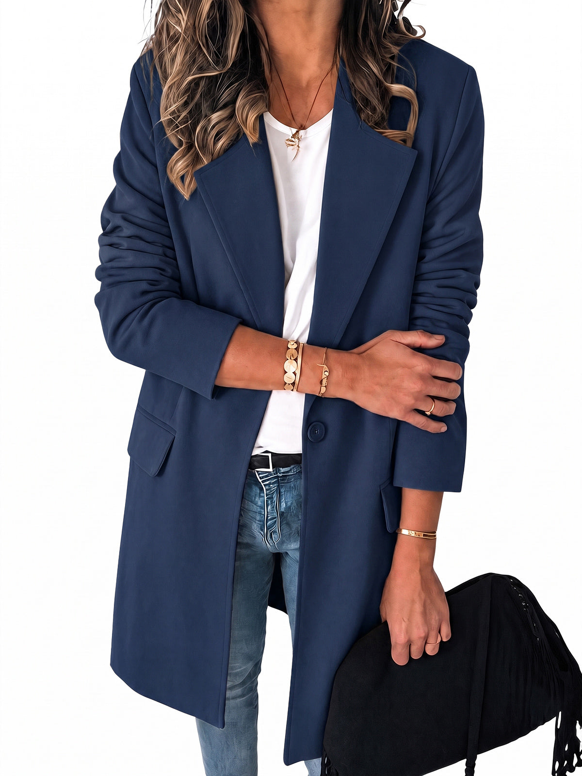 Womens Navy Business Casual Long Blazers | CicyBell