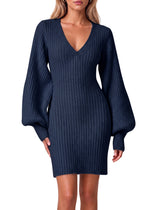 Women Puff Long Sleeve V Neck Knit Pullover Dress | Cicy Bell