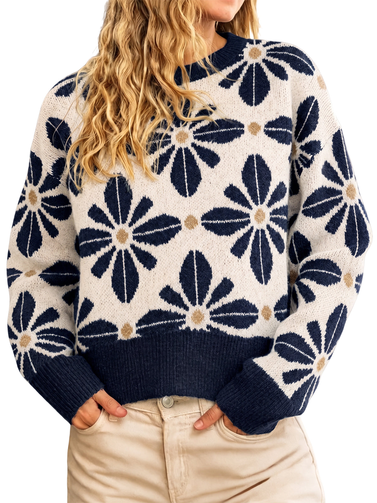 Womens Navy Long Sleeve Floral Sweater | CicyBell