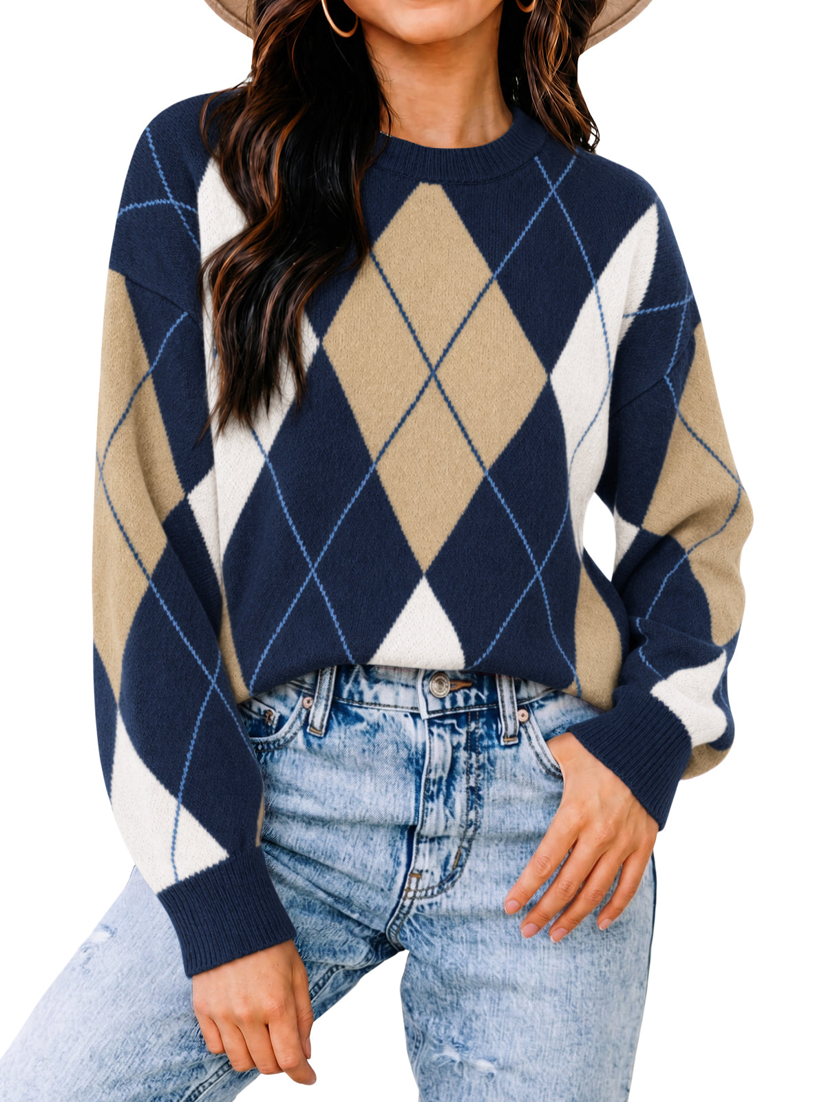 Womens Navy Crew Neck Argyle Sweater | CicyBell