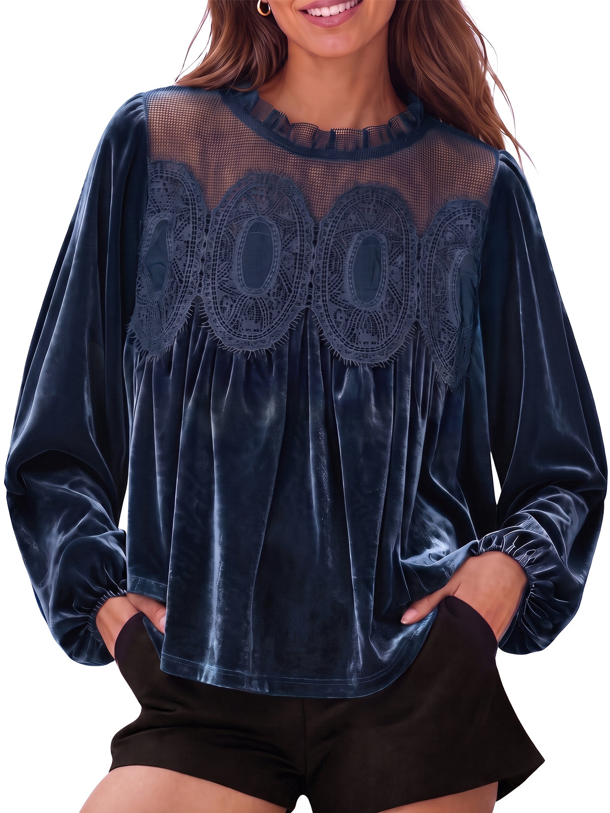 Womens Navy Velvet Babydoll Tops | CicyBell