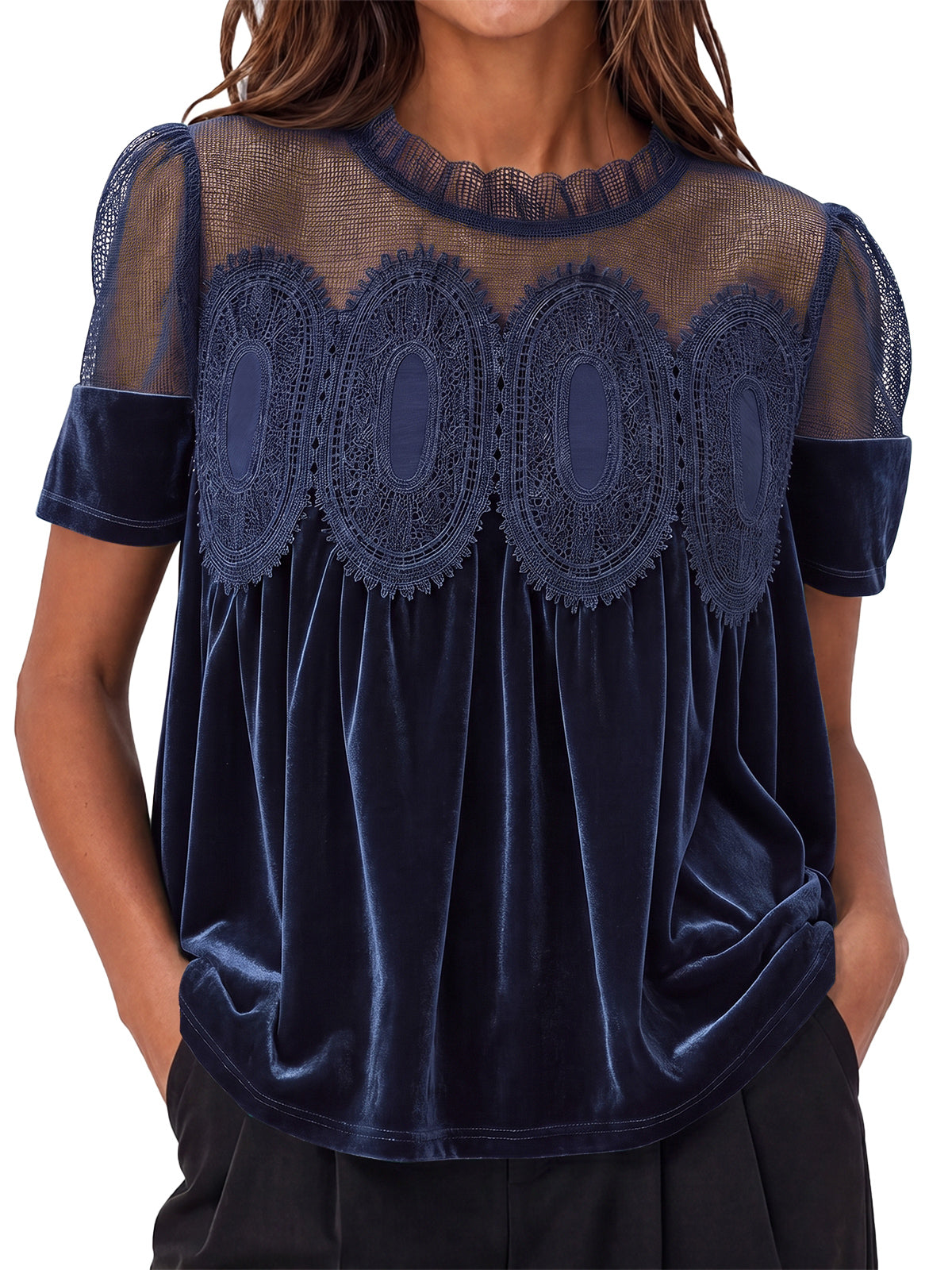 Womens Navy Velvet Lace Tops | CicyBell