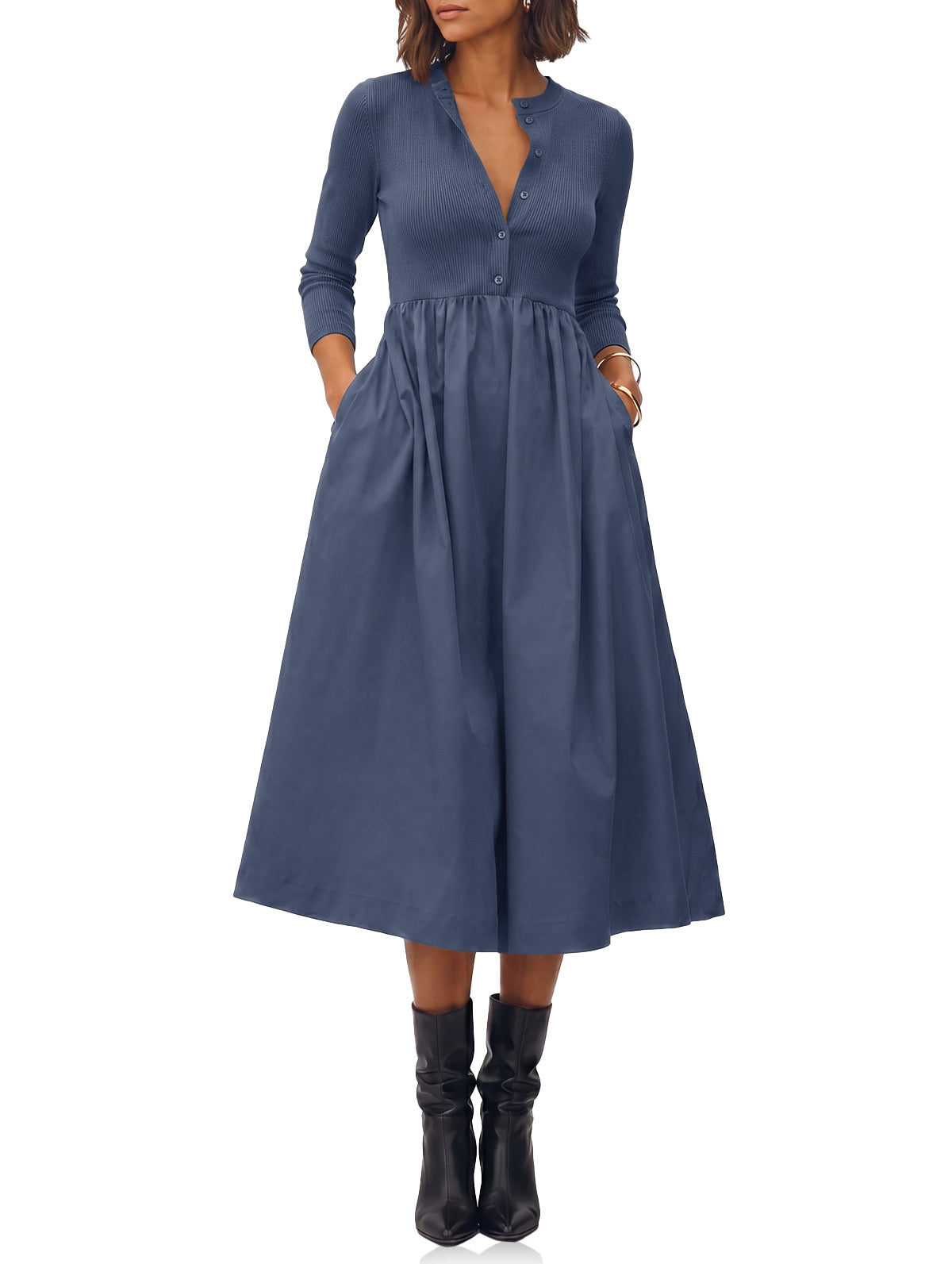 Womens Navy Long Sleeve A-Line Midi Dress| CicyBell